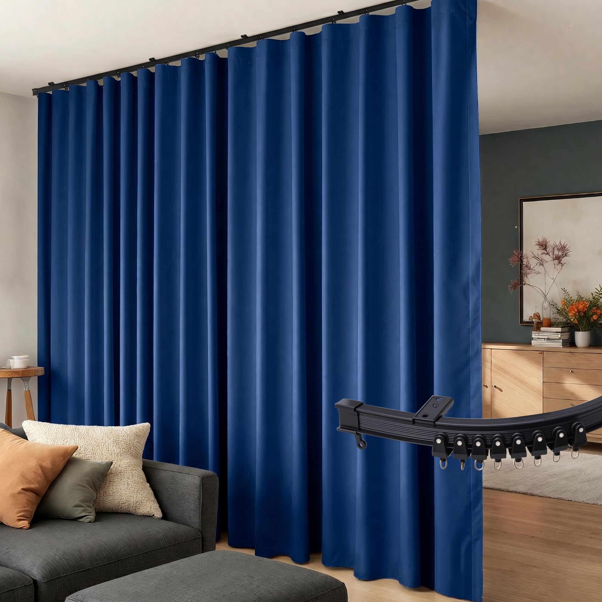 Room Divider Curtains Flexible Ceiling Tracks Set Curtain Track Ceiling Mount Blackout Curtain for Living Room Bedroom Ceiling Curtain Rod Privacy Dividers Panels W100xH108 Navy Blue Drape&amp;Black Rail
