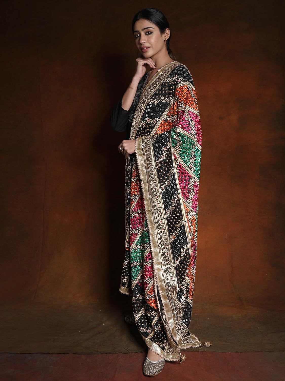Exotic India Phulkari Embroidered Dupatta from Punjab with Mirrors and Gota Patti Border - Art Silk