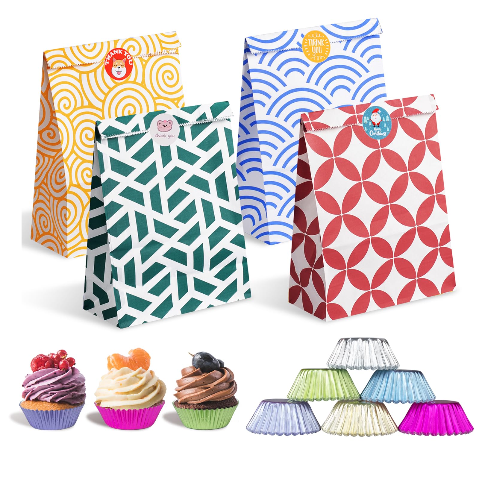 Parmedu 48pcs Assorted Color Paper Bag Set and 240pcs Standard Size Metallic Foil Cupcake Liners Bundle