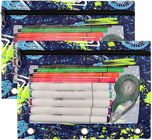 Vista 2 de Kcldeci Paquete de 2 bolsas para lápices para carpeta de 3 anillos, flechas de motocross de grunge deportivo, color azul, blanco, verde, grunge