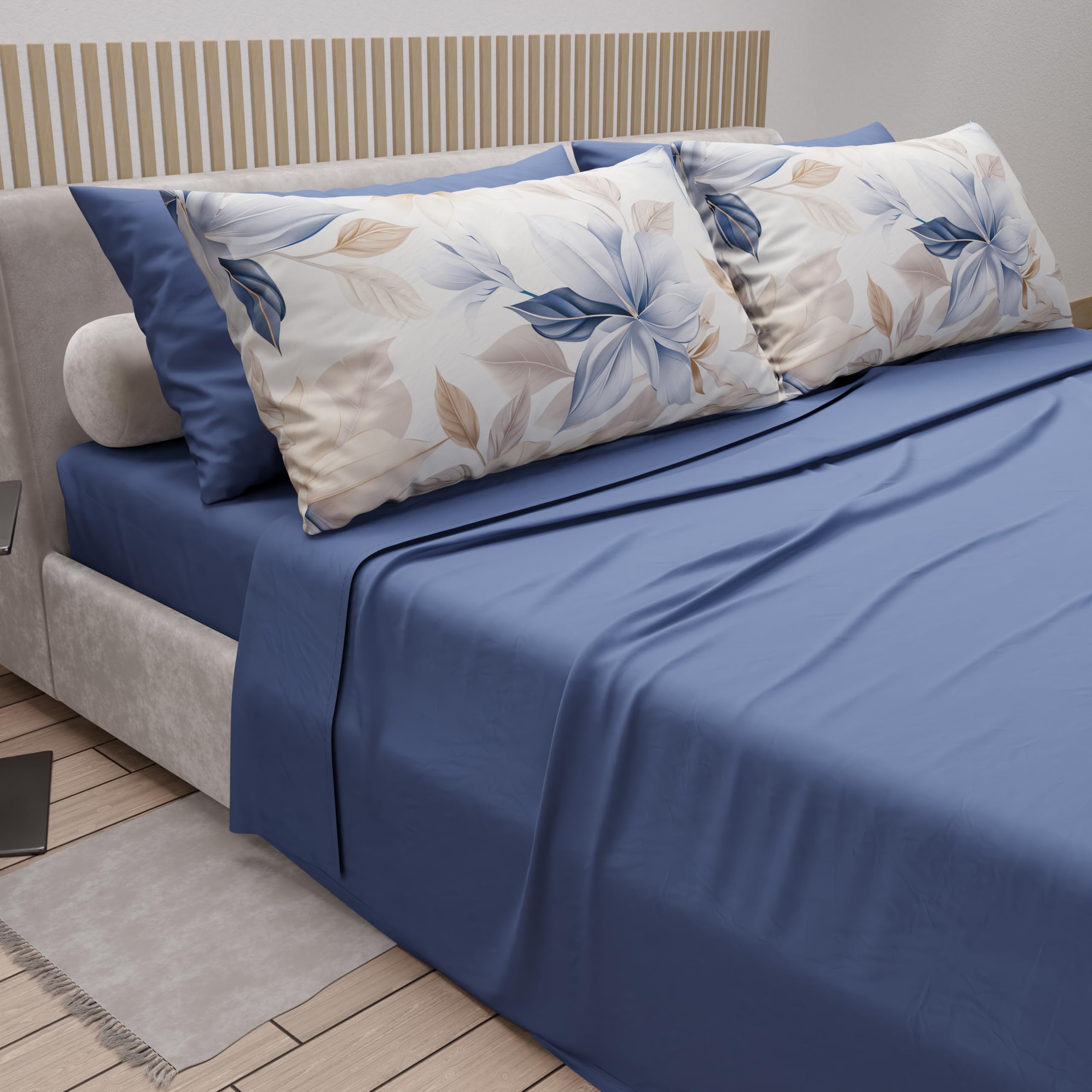 PETTI Artigiani Italiani - Parure de Draps en Coton pour Lit 1 Place et Demi Française avec Taies d'oreiller et Drap Housse 140x200, Motif Floral 164 Indigo, 100% Fabriqué en Italie