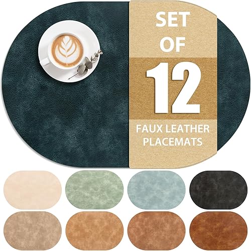 ADRIMER Juego de 12 manteles individuales ovalados resistentes al calor, lavables de 12 x 17 pulgadas, manteles individuales impermeables, manteles