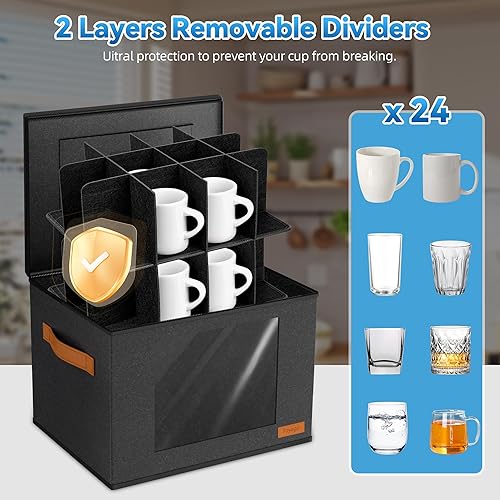 Miniatura 5 de Caja de almacenamiento de taza de café de 2 capas con divisores, organizador de almacenamiento de tazas de café con tapa y asas con cremallera,