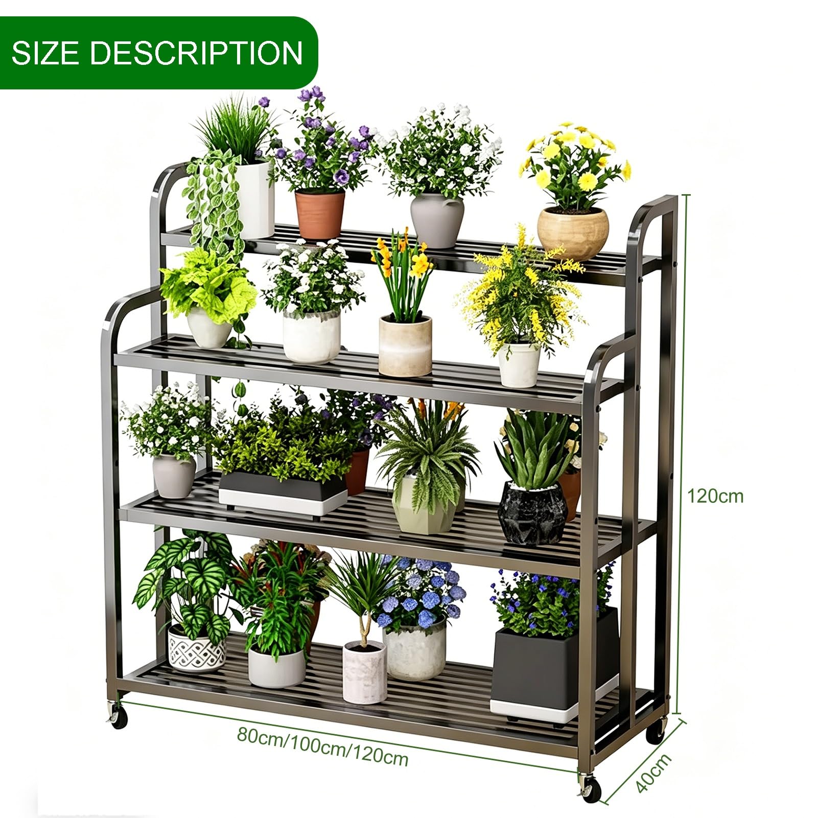 Supporto per piante da esterno in metallo nero a 4 livelli con ruote, supporto per fioriera per organizer per scaffali per scaffali per vasi da fiori(120x40x120cm)