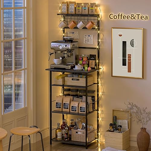 Vista 7 de Estación de café de 5 niveles, soporte de cocina con 4 ganchos en forma de S, barra de café de esquina estilo granja para espacios pequeños, estante