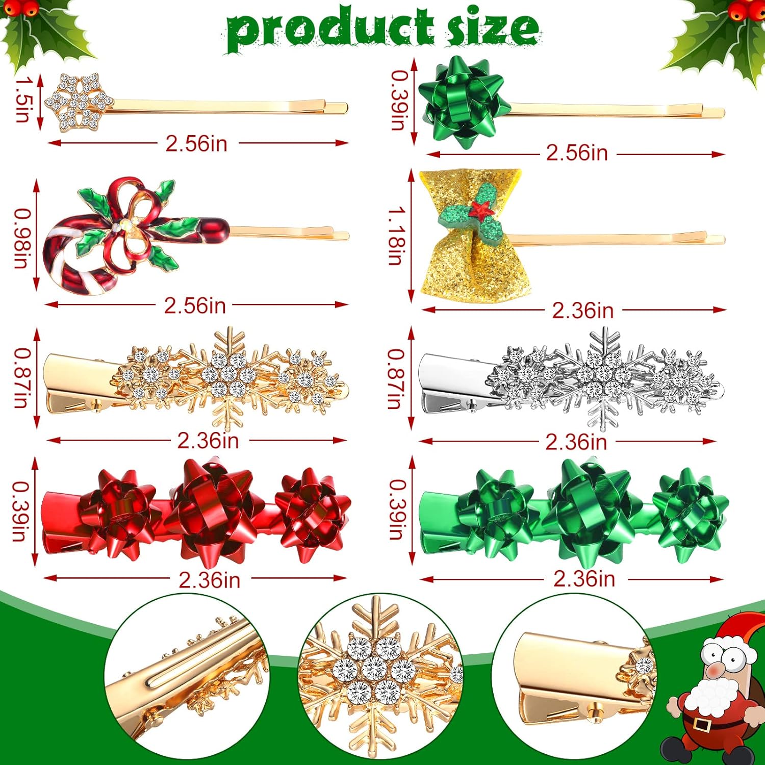 16 Peace Christmas Hair Clips for Women Rhinestone Snowflake Hair Clips Candy Cane Christmas Hair Accessories Candy Hair Accessories Alligator Xmas Bow Hair Pins Barrettes for Girls Holiday Gift - Image 2