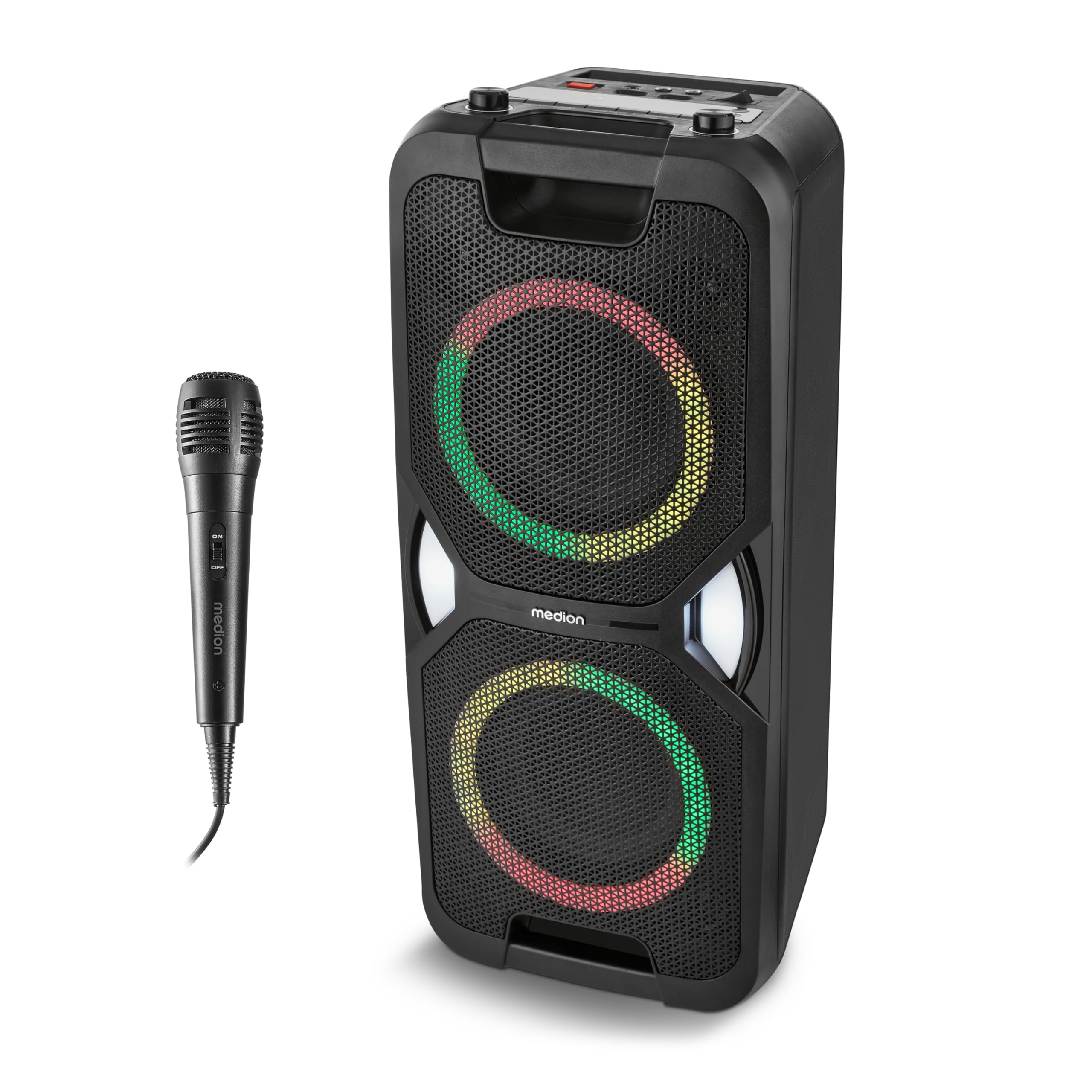 MEDION PE-1 Pure Partybox (batteria, con microfono, altoparlante Bluetooth portatile grande, cassa musicale con effetti luminosi, altoparlante party con karaoke, 2 ingressi microfono, AUX, USB, radio)