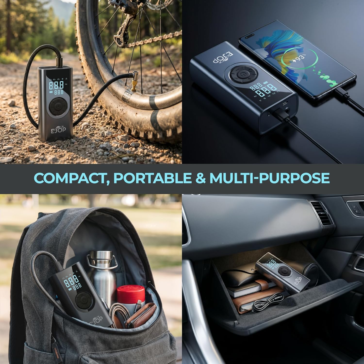 EJOP 150PSI Tire Inflator Portable Air Compressor, Air Pump for Car Tires with Digital Pressure Gauge, Cordless Pump for Car Motorcycle Bicycle Ball, LED Light, Auto Shut-Off,Dual Display,12V Adapter - Image 9