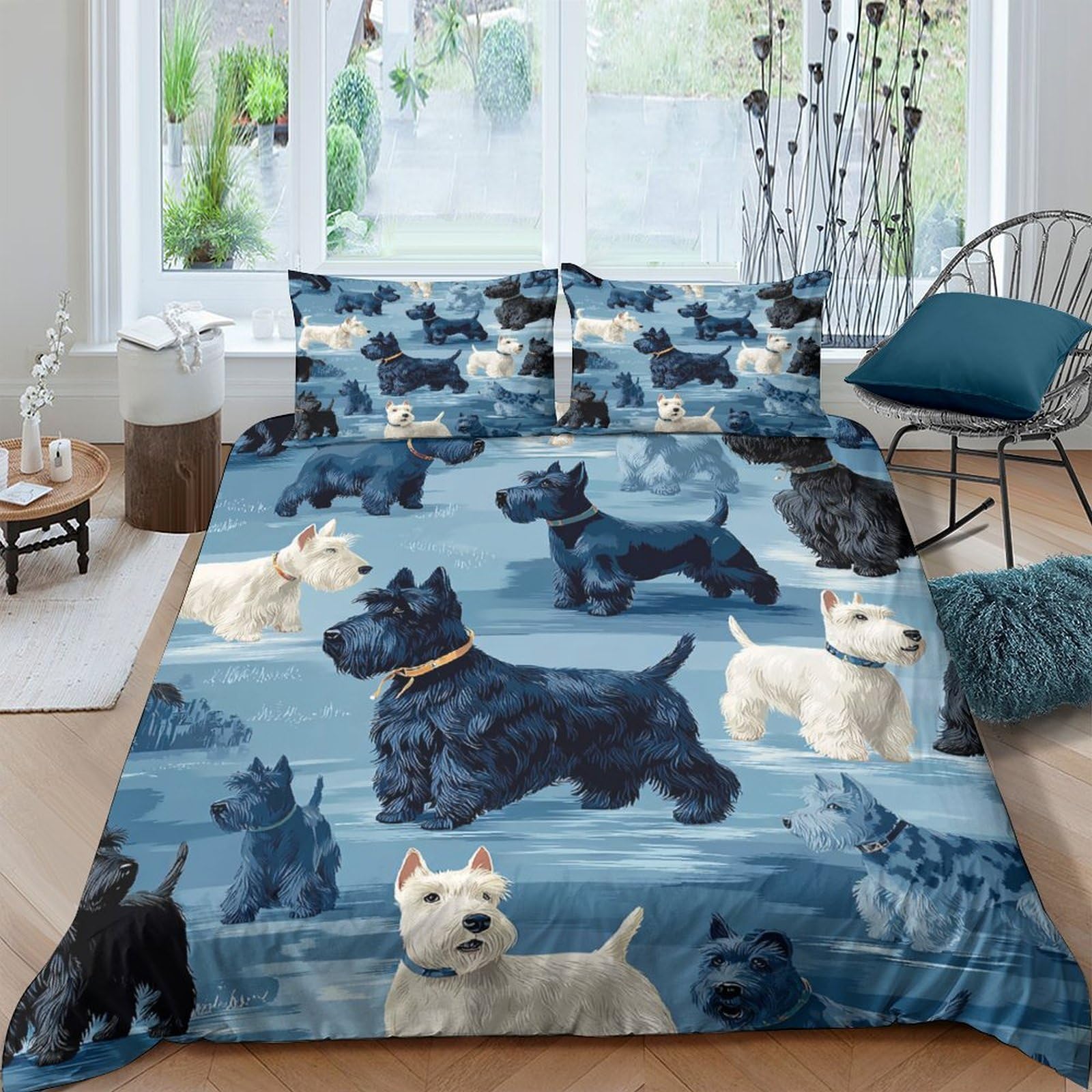 GPLZQXKJNH 3D Printed Scottish Terrier Dog Duvet Cover Microfiber Blue Cartoon Bedding Set with 2 Pillowcases for Bedroom Home Single（135x200cm）