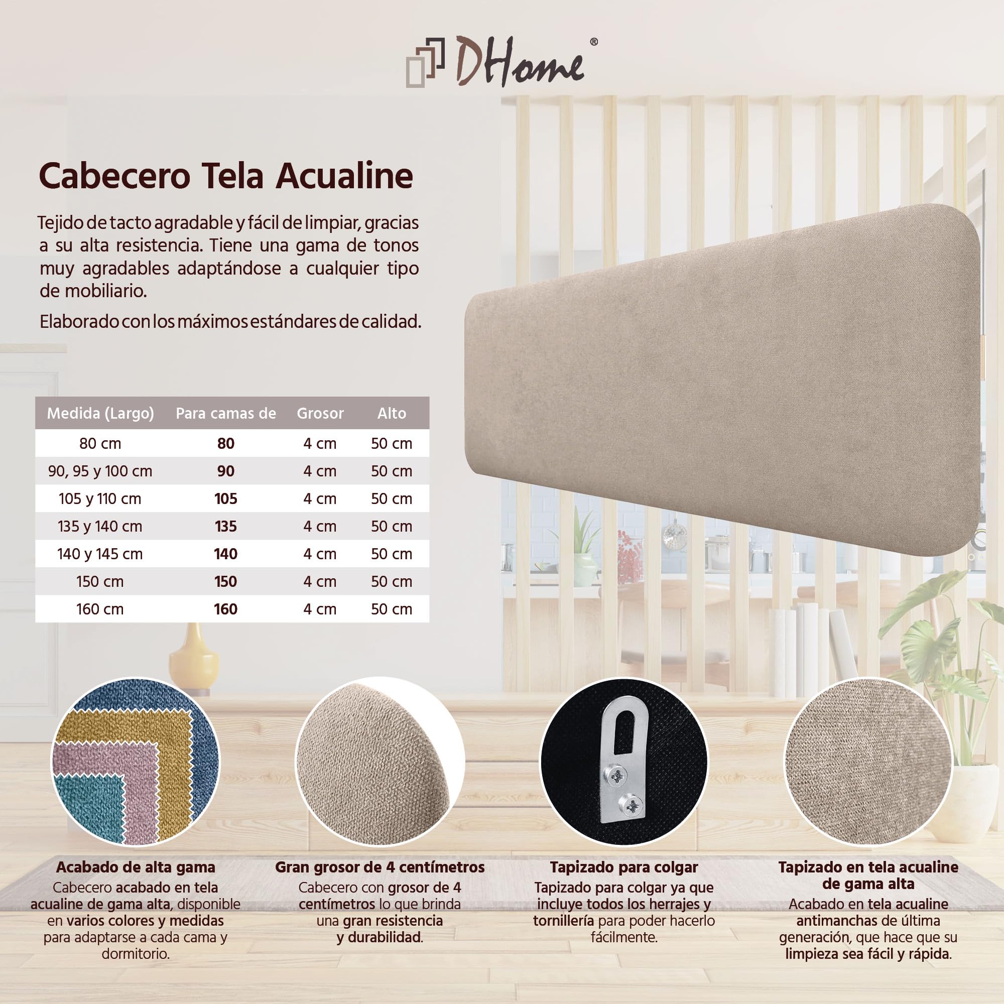 DHOME Testiera Imbottita Liscia Arrotondata in Tessuto Aqualine per Parete Acustica Testate Letto Fonoassorbenti Camera da Letto (Beige, 160cm)