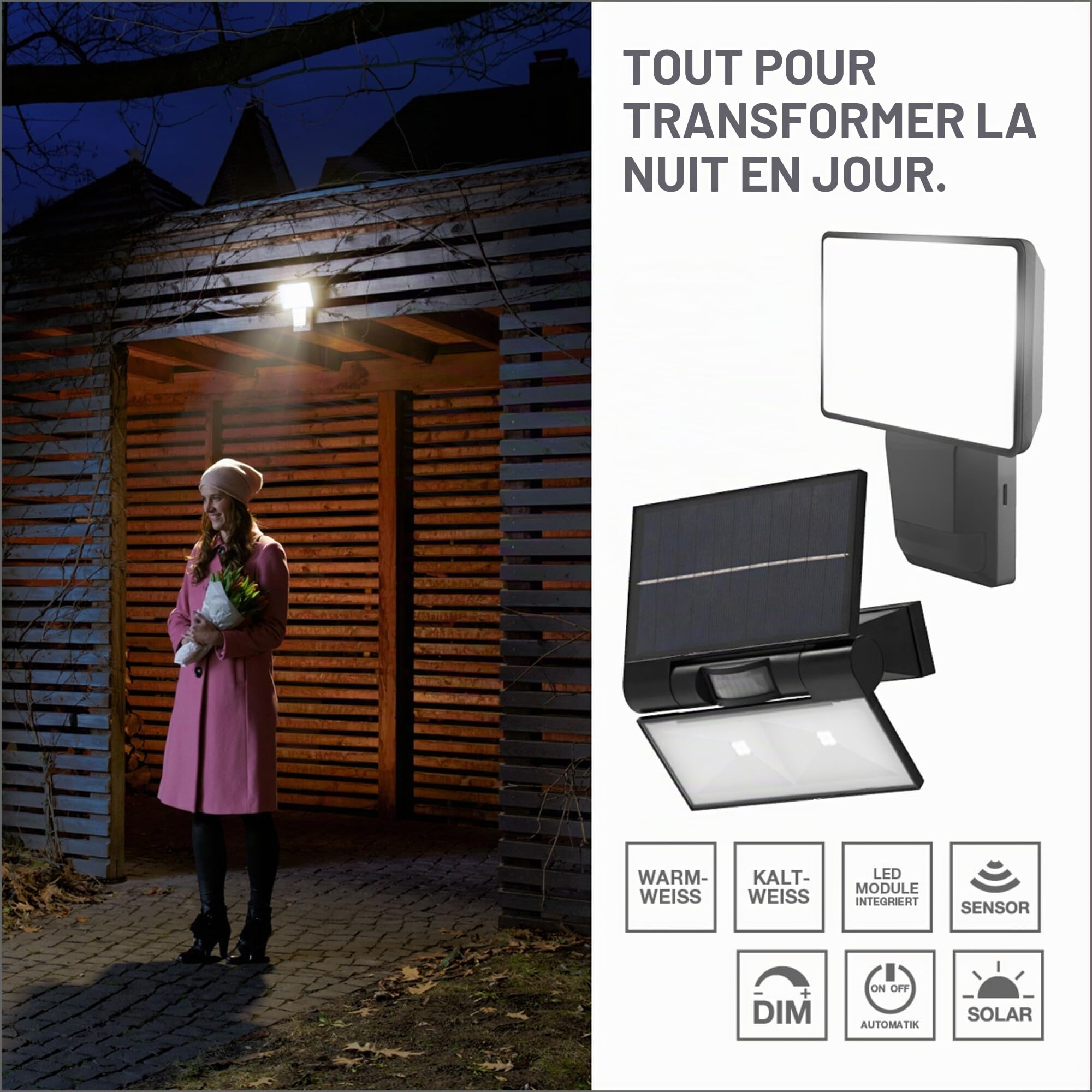 Osram Projecteur LED ENDURA Flood Solar, 10W, à énergie solaire, capteur intégré, blanc froid, télécommande, longue durée de vie de la batterie jusqu'à 4 h à pleine luminosité, protection IP65