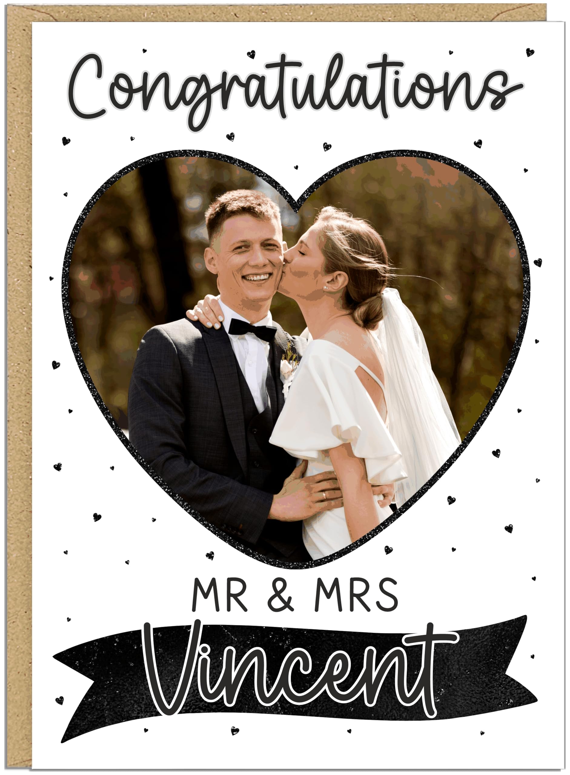 Personalised Wedding Congratulations Cards with Photo and Name | Custom Mr & Mrs Card | 11 Colour Theme Options | Heart Photo Wedding Couples Anniversary Card, Black