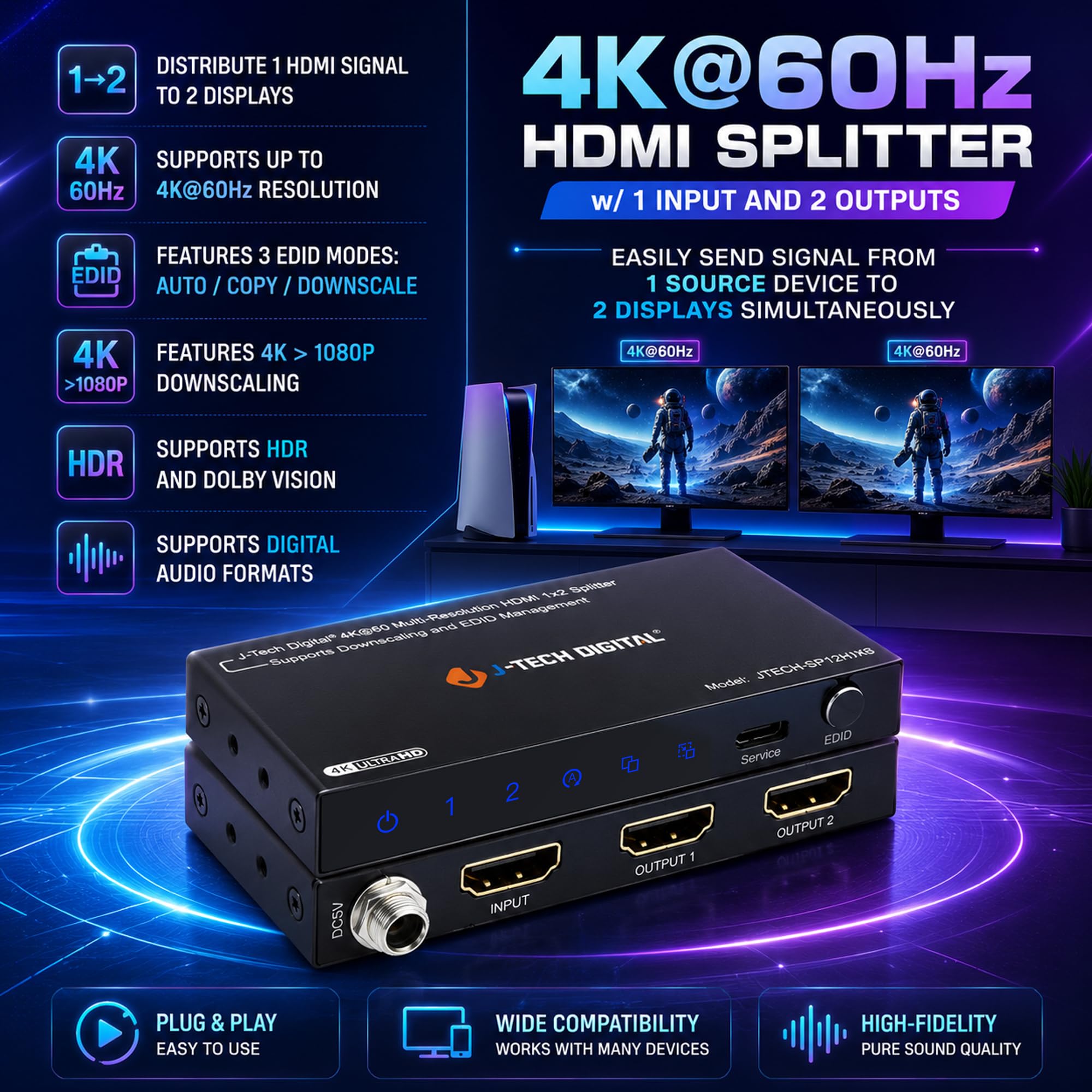 J-Tech Digital Divisor HDMI 1 en 2 salidas 4K a 60Hz, divisor HDMI 1x2 para pantalla duplicada/espejo 4K a 1080P, función de reducción de escala 3 ajustes EDID (JTECH-SP12M18G)