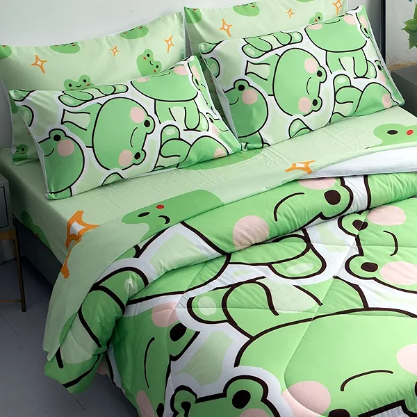 MUSOLEI 7 Piece Frog Comforter Set for Kids Boys and Girls - Twin Size Bedding Set for All Seasons (1 Comforter, 1 Flat Sheet, 1 Fitted Sheet, 4 Pillowcases)