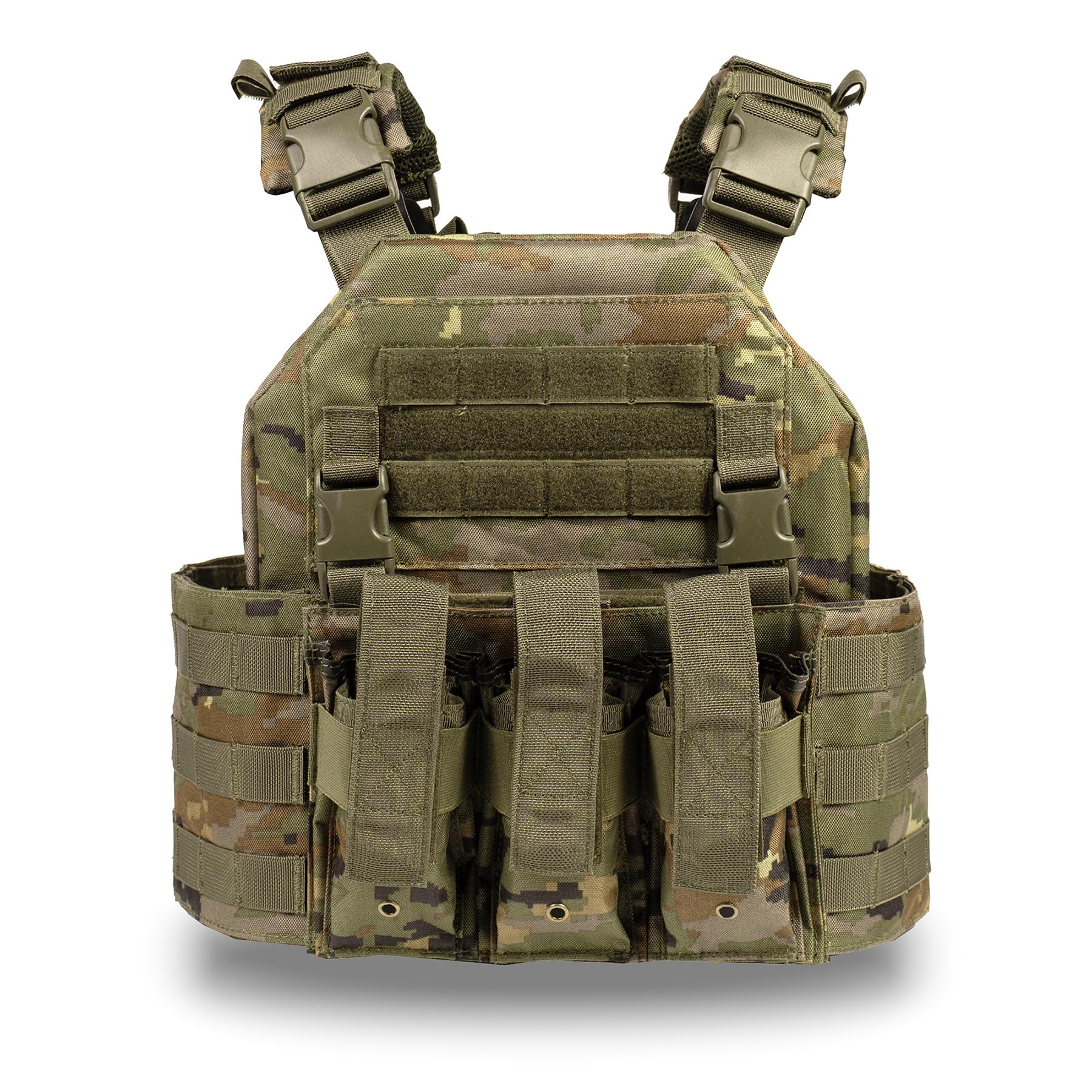Genérico SIXMM Chaleco Táctico Portaplacas 036M-SW Camuflaje boscoso pixelado español, tamaño ajustable, porta cargador triple frontal y sistema molle modular