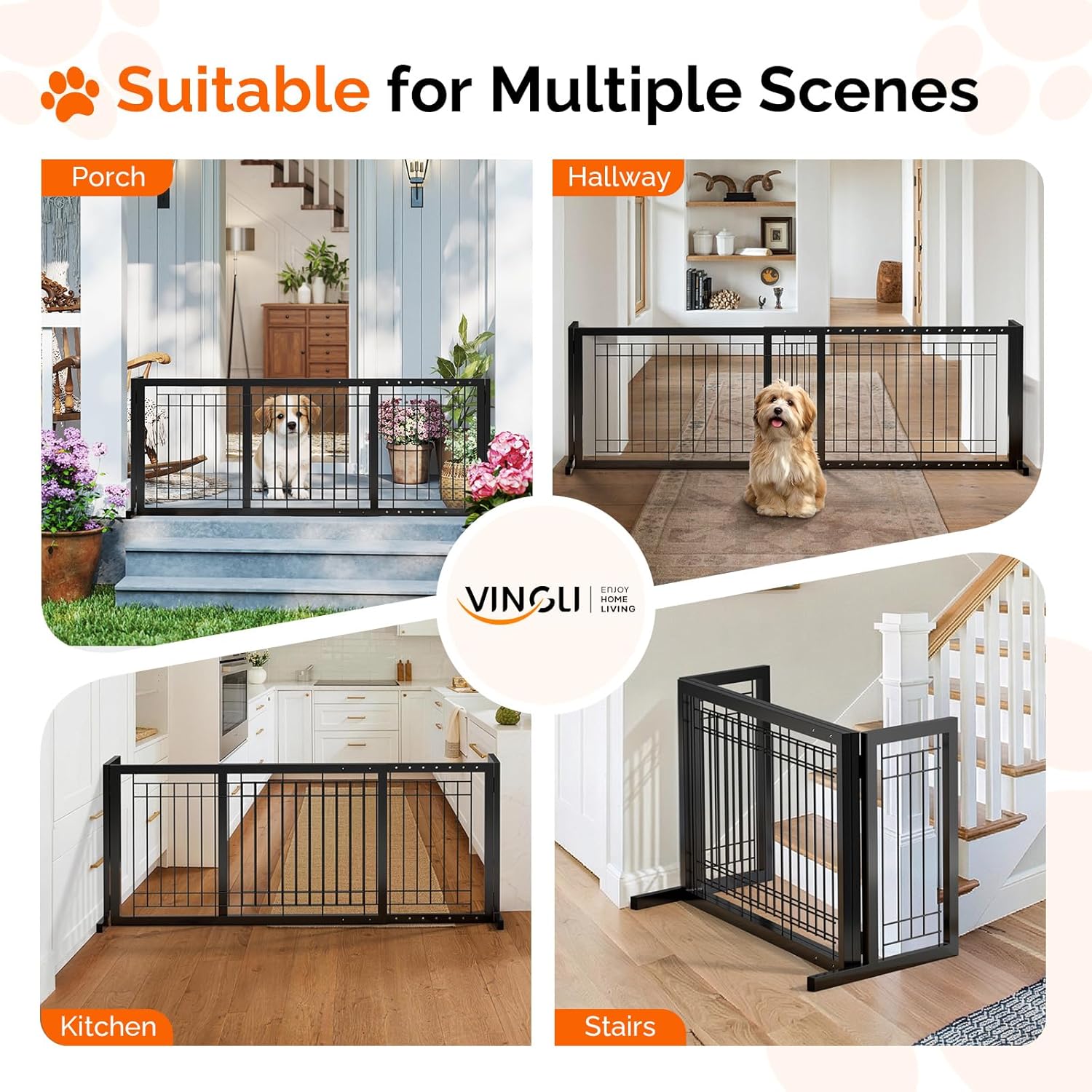 VINGLI Free Standing Pet Gate, 37" - 68" Wide Metal Dog Gate for Stairs Doorways Fireplace, Adjustable Pet Fence Indoor, Christmas Tree Gate (Black)