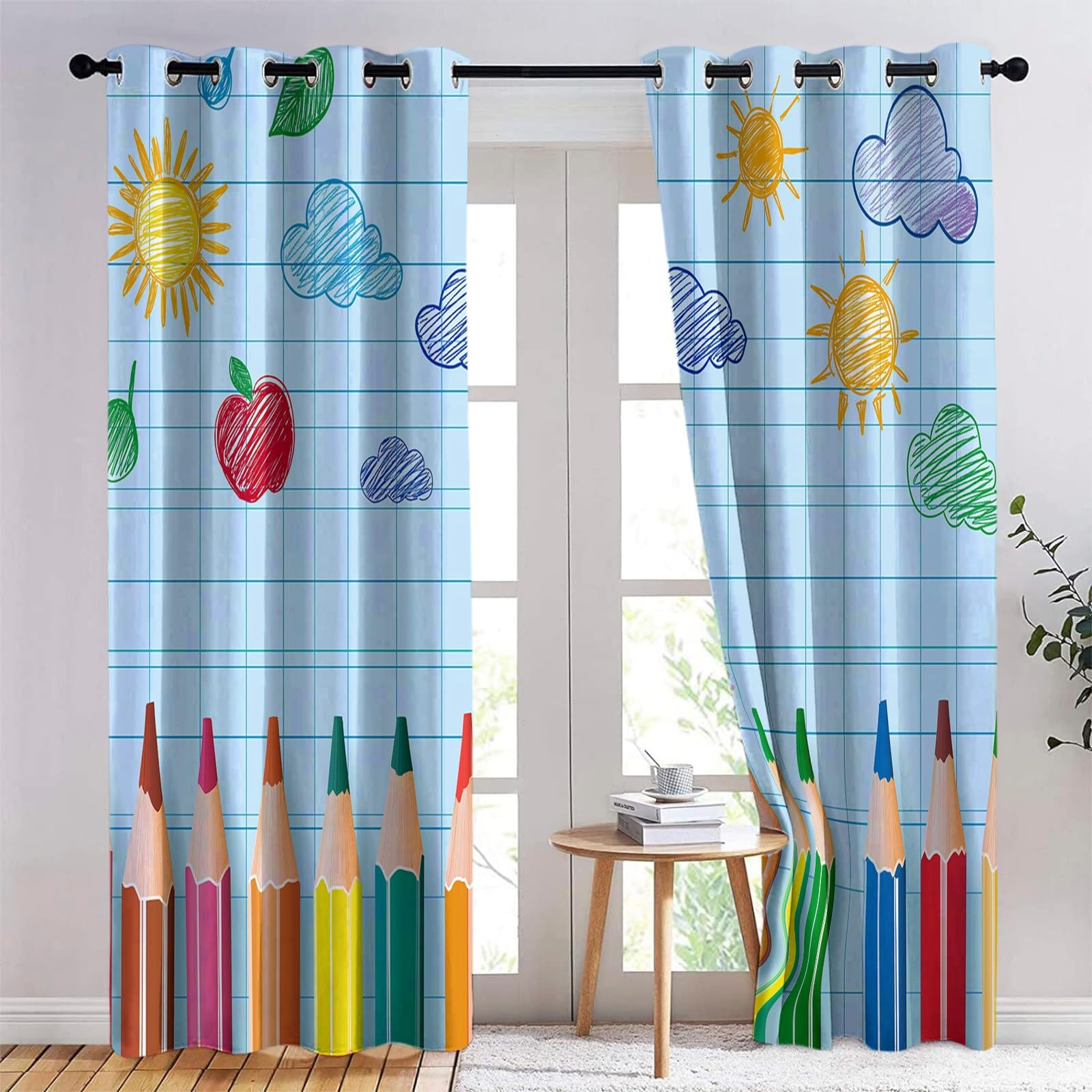 Rideaux Occultants Soleil Nuages, Draperies Opaque à Oeillets en Crayons Couleur - Rideaux de Thermique Anti-UV pour Chambre Salon Draperies Intérieurs 92L x 214H cm 2 Panneaux