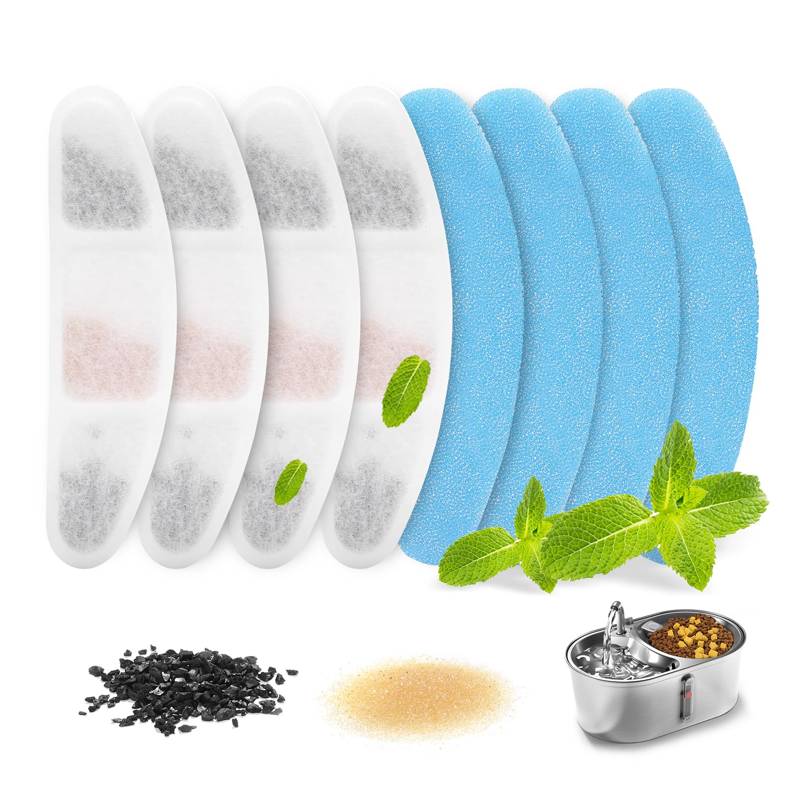 iPettie Water Fountain Filters Kits for Twins Cat Water Fountain Stainless Steel with Two Spouts, IP-WF-S05-F4, 4 x Carbon Filter, 4 x Sponge Filter