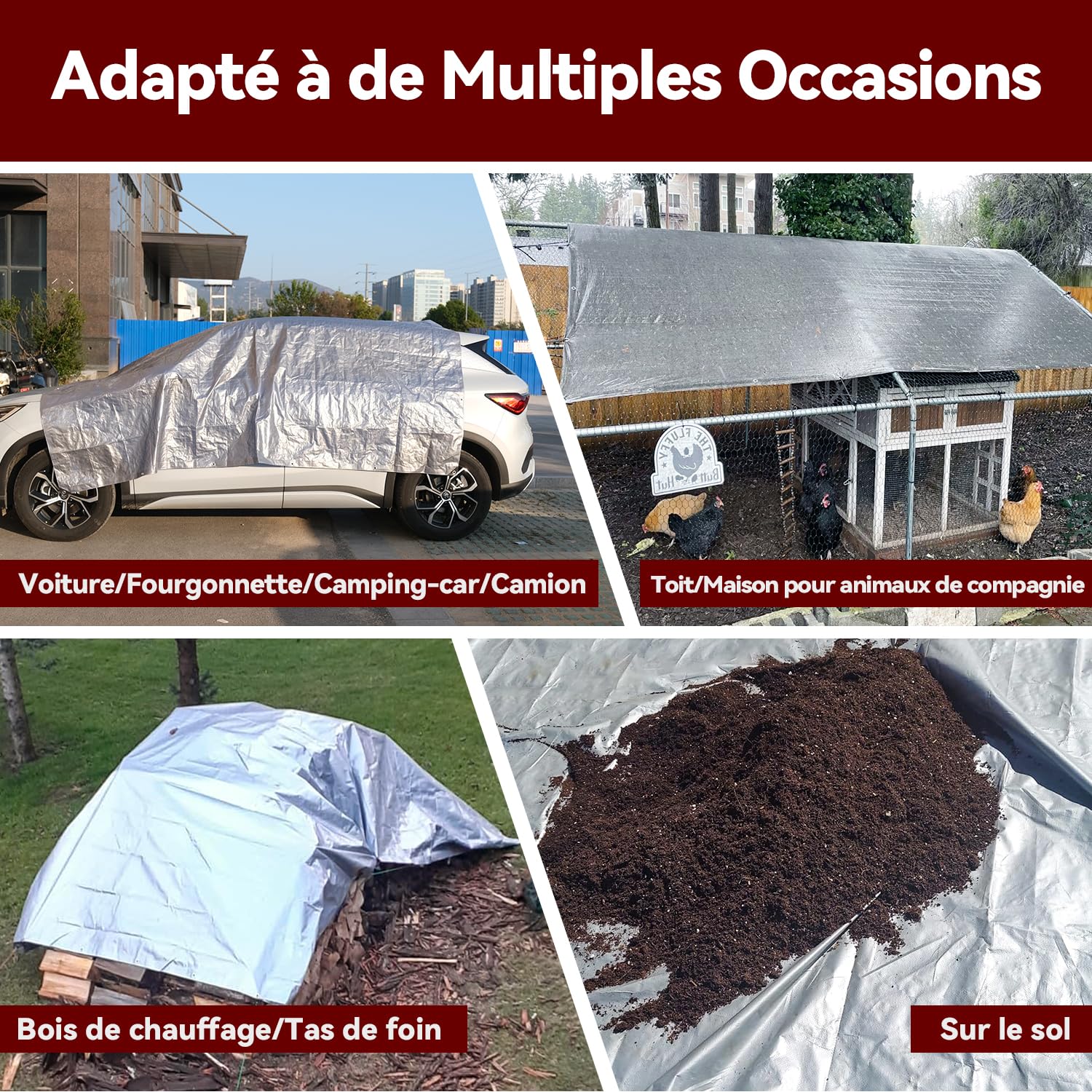 Bâche Imperméable Bâches de Protection en Polyéthylène 140g/m² Robuste 5x6m Étanche Renforcé Trou Soudé Résistant à la déchirure Toit Polyvalent Pool Truck RV Camping Tente Jardin Argent/Noir.