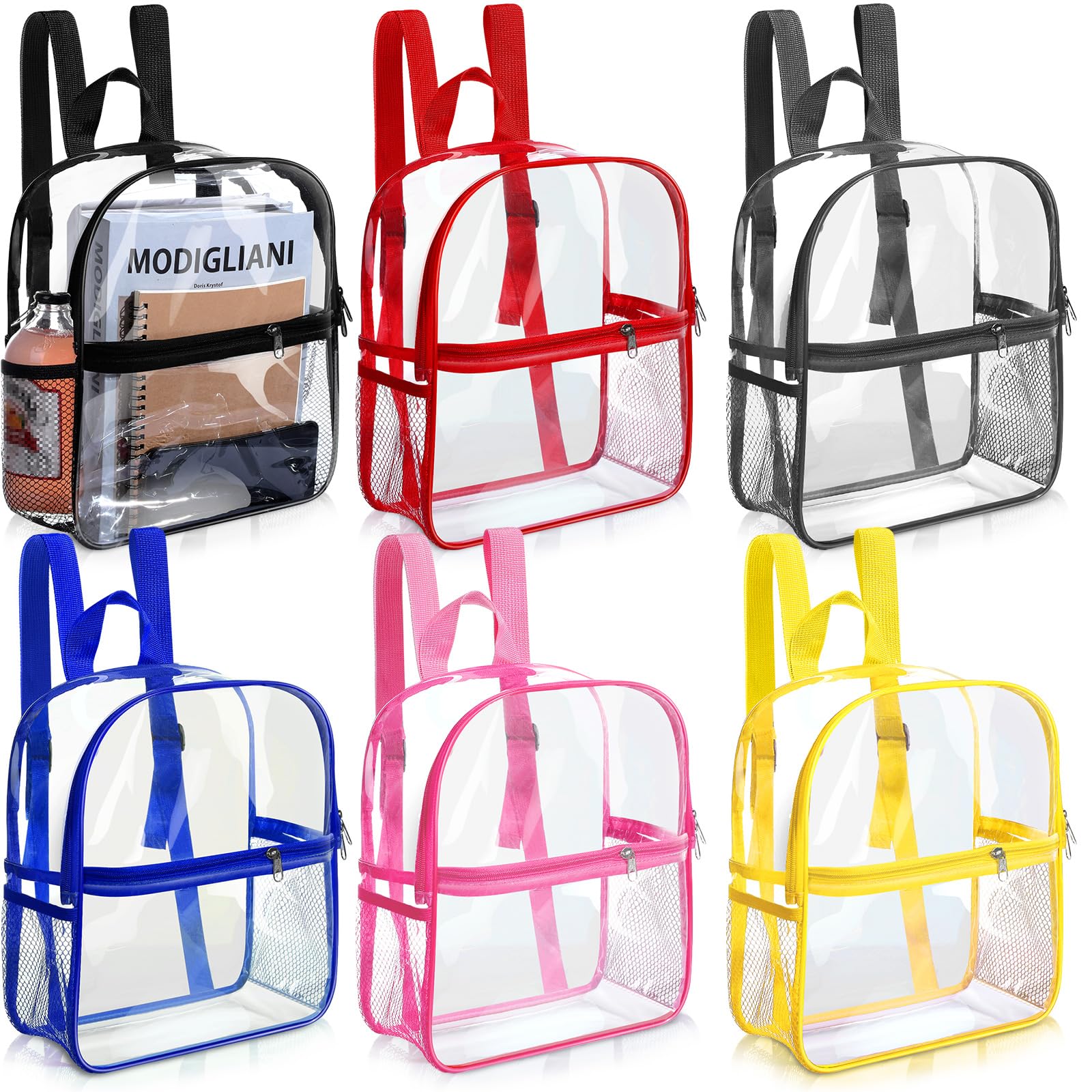 Sweetude 6 Pcs Clear Backpack bulk 11.4 x 9.5 x 5.1 Inch Bag Stadium Approved Plastic Transparent Backpack with 2 Water Holders (Multicolor)