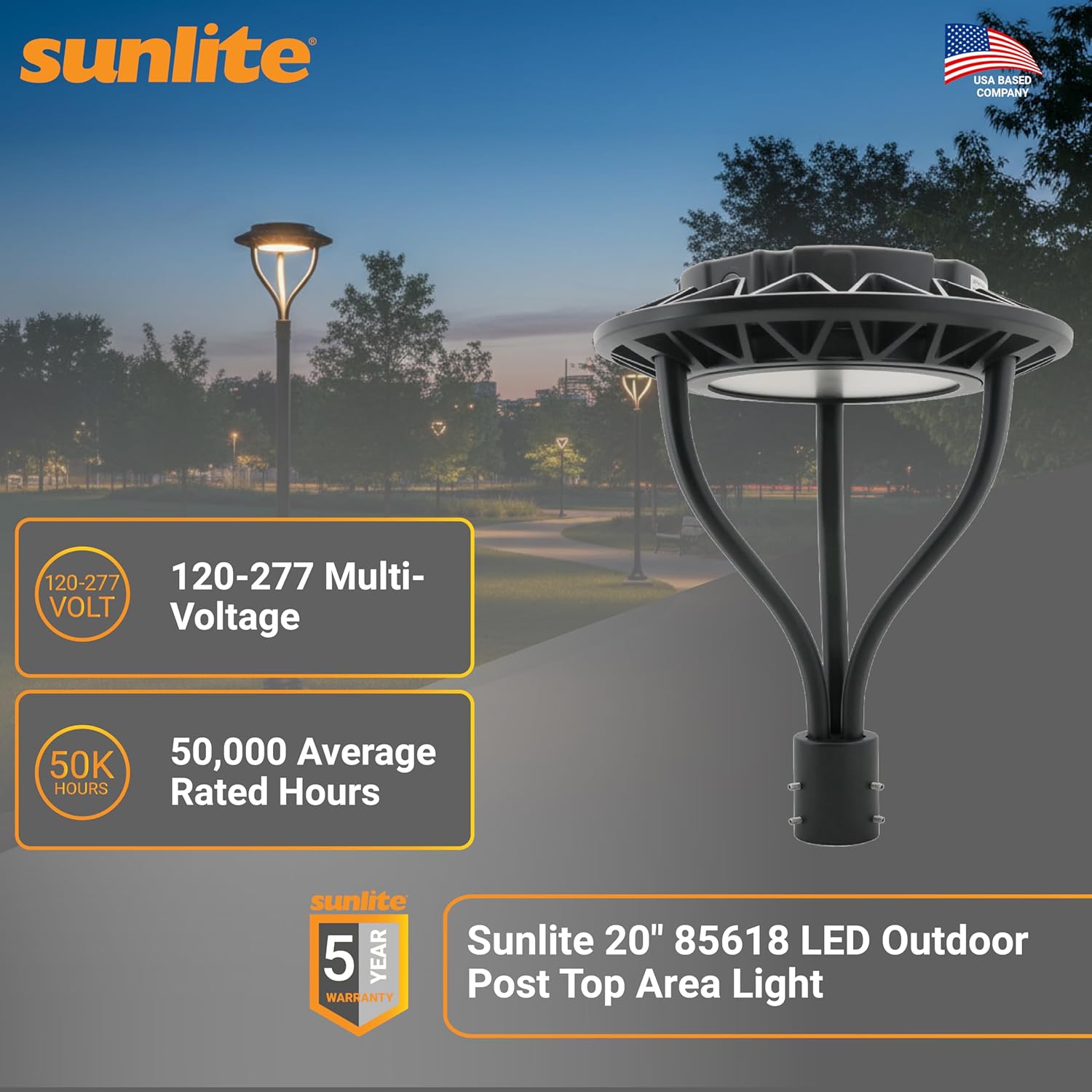 Sunlite 20" LED Outdoor Post Top Area Light, Wattage Selectable 70W-150W, CCT Selectable 30K-50K, 10000-21000 Lumens, 70-80 CRI, UL Listed Wet Location, Photocell Included, Pole Mount, Black