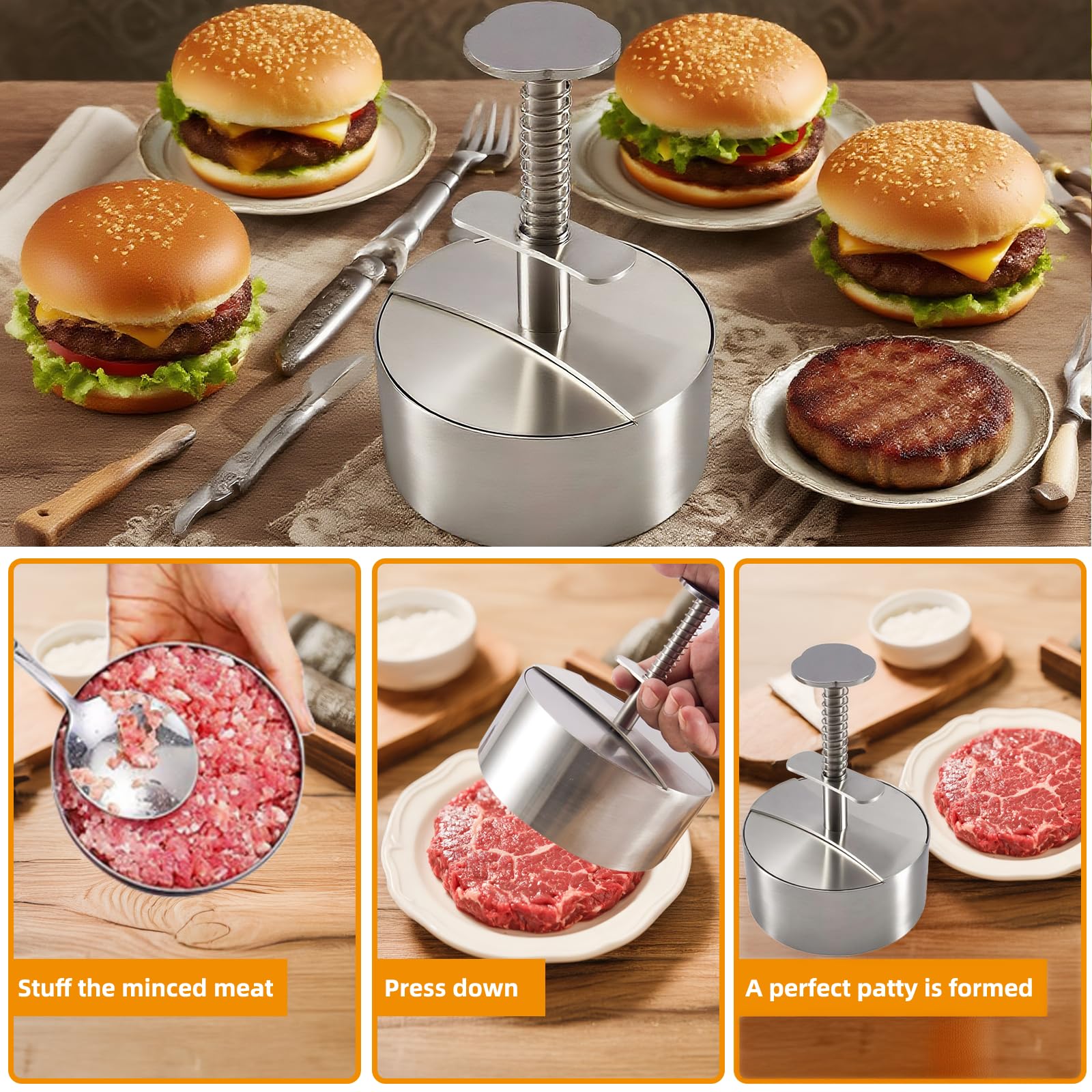 304 Edelstahl Burger Presse, Verstellbarer Hamburger Patty Maker mit 150 Stück Burger-Papier, Robuste Antihaft-Patty-Form für Rindfleisch, Gemüse, Fleisch, BBQ, Partygrill