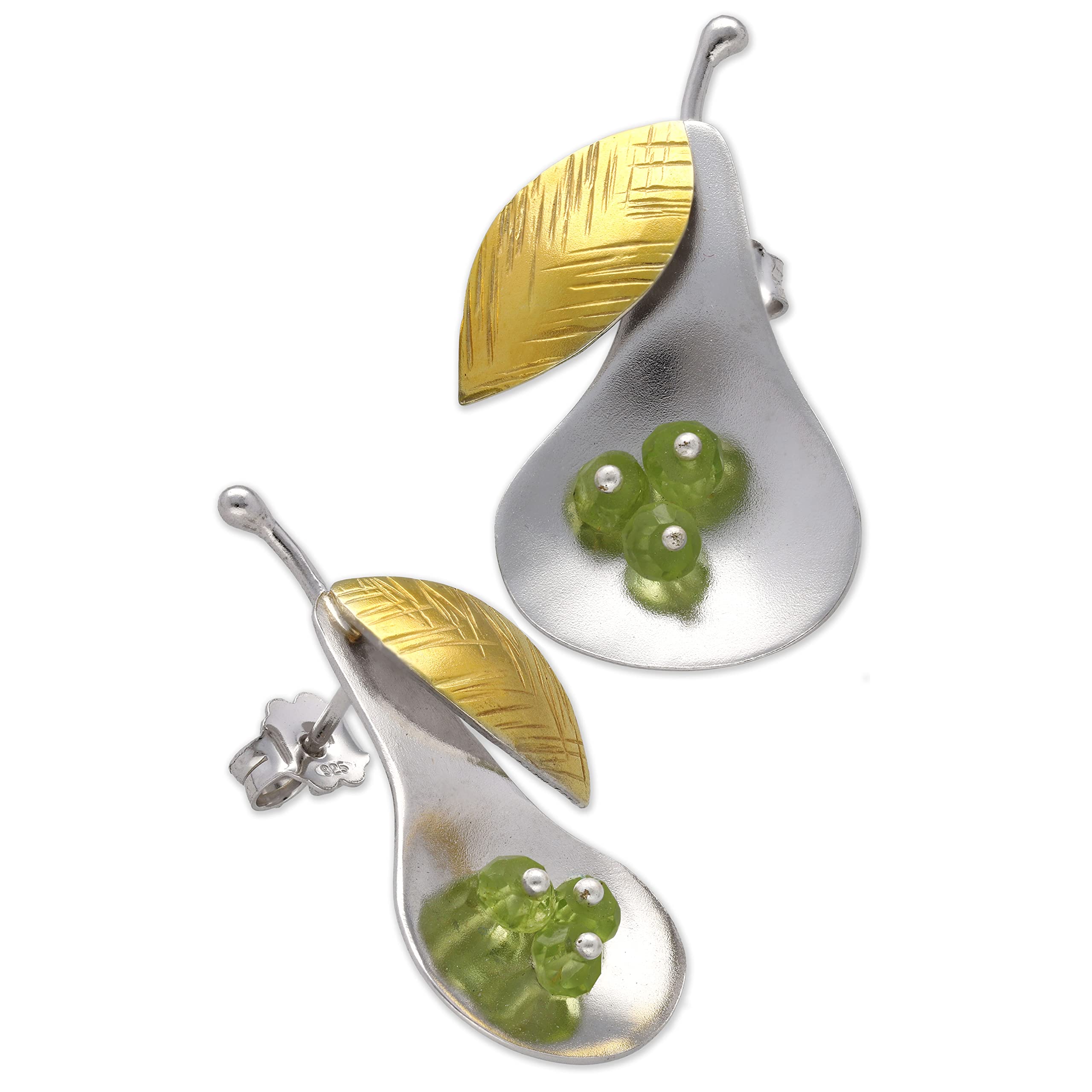 Birnen-Ohrstecker Ohrringe aus 925 Sterlingsilber mit vergoldeten Blättern – naturinspiriert, leicht, nickelfrei und hypoallergen – handmade by Emmanuela