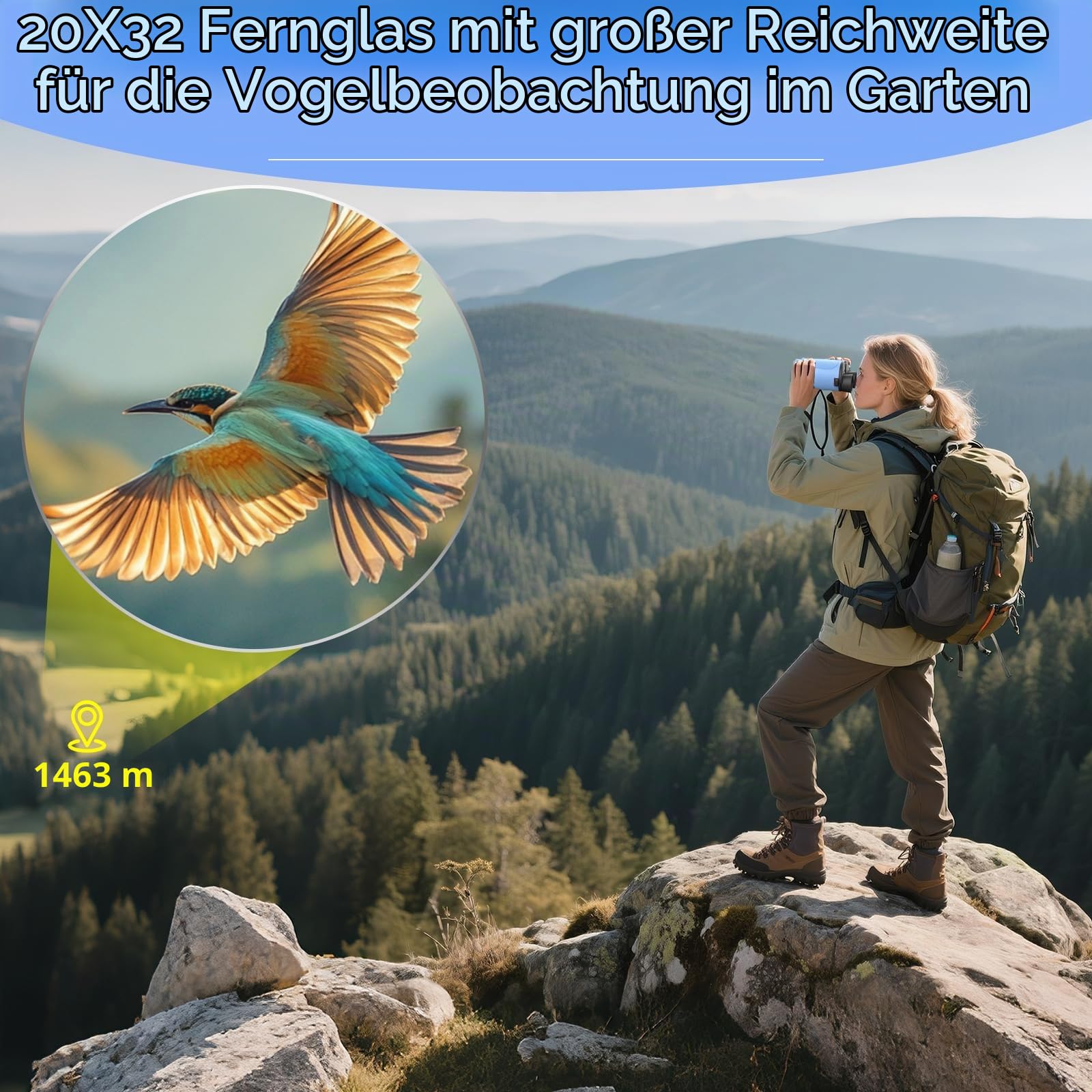 Kompaktes 20x32 Hochleistungsfernglas für Erwachsene und Kinder, mit Sicht bei schwachem Licht, ideal für Jagd, Kreuzfahrten, Reisen, Konzerte und Wandern, blau