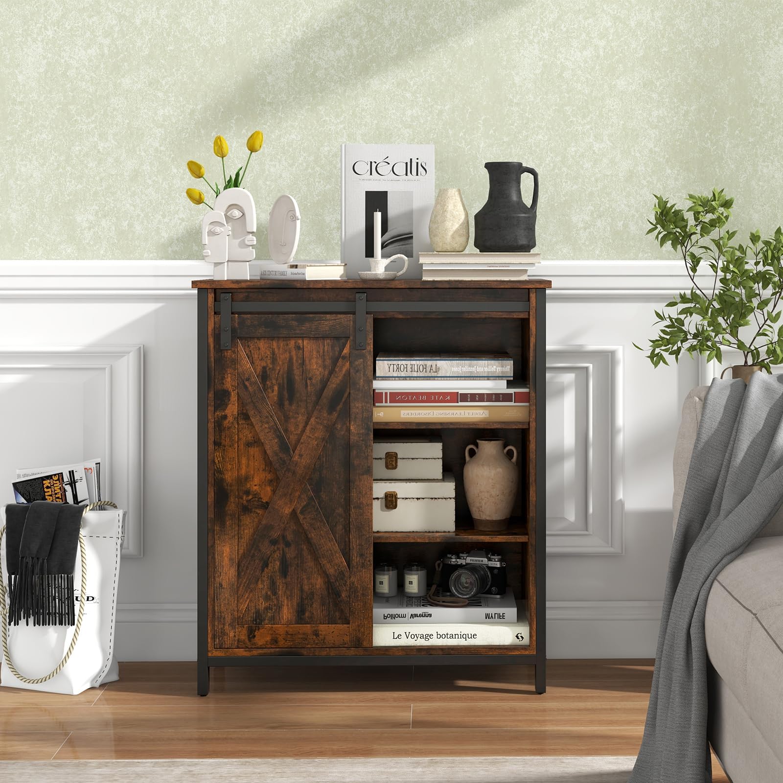 KOMFOTTEU Aparador de Cocina con Puerta Corredera de Granero | Mueble Buffet con 6 Compartimentos, Armario de Comedor con Estantes Ajustables de 3 Niveles, 70 x 30 x 81 cm
