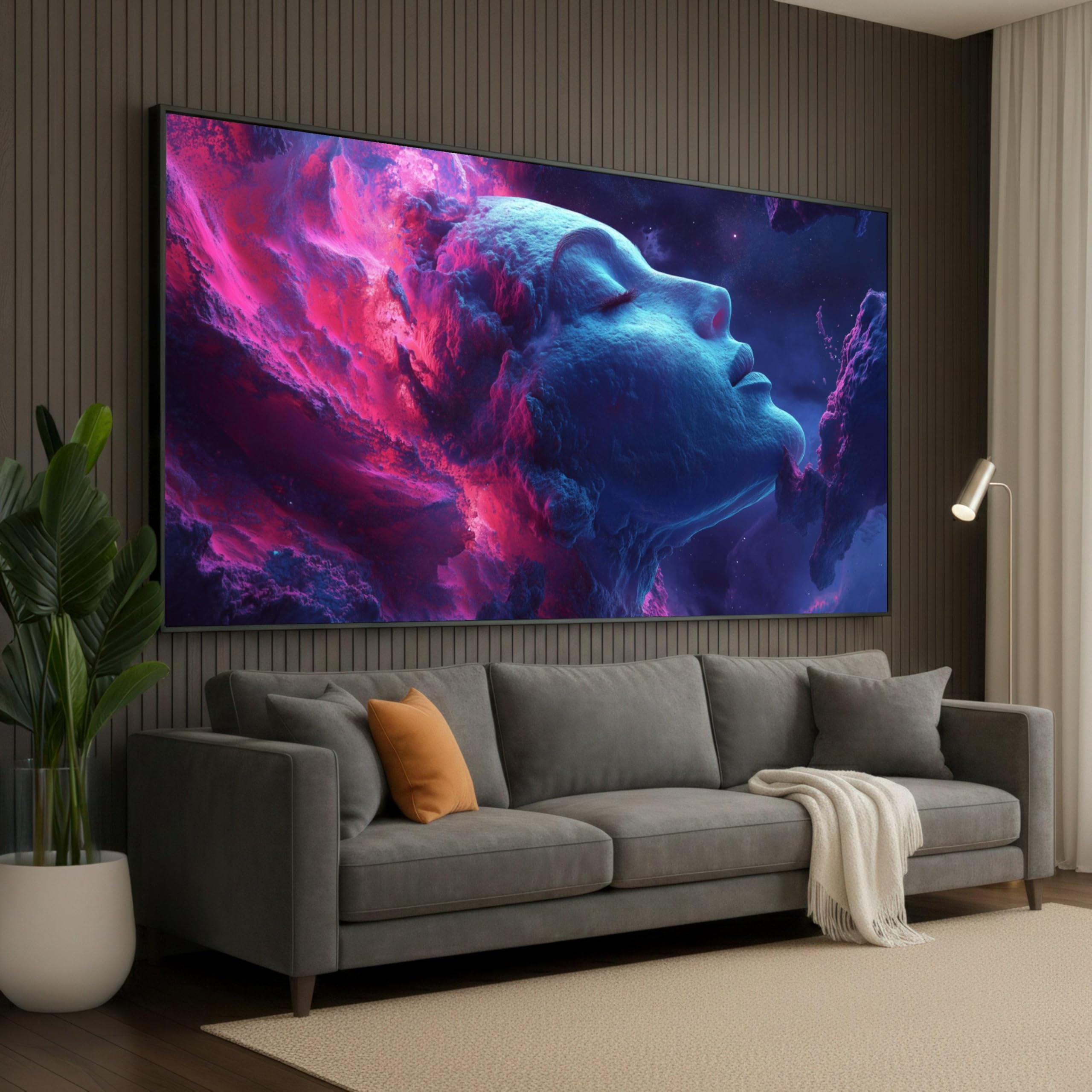 XINBAO Cosmic Dreamscape Face Canvas, Surreal Space Art,Galaxy Portrait, Neon Blue and Pink Wall Decor, Fantasy Canvas Pictures(70x130cm/Frameless)