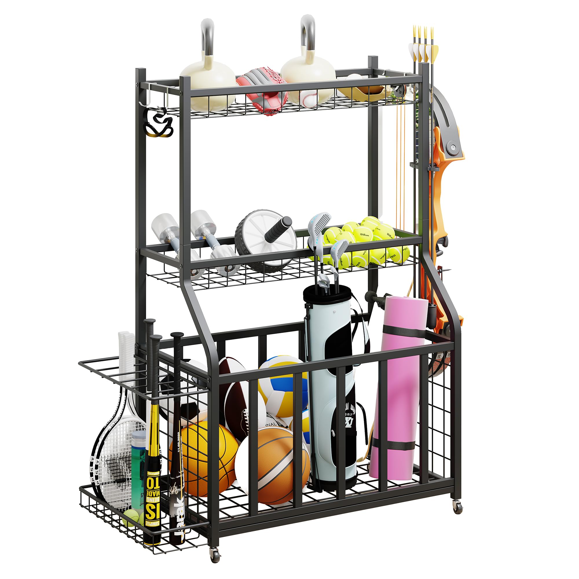 MUZERUL Sports Equipment Organizer, Heavy Duty Metal Ball Storage Rack with Basket,Side Hooks and Universal Wheels,Rolling Golf Accessories Stand for Gym & Garage,114x80x40 cm
