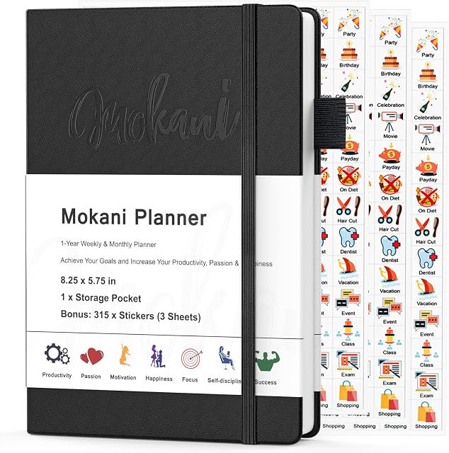 Mokani Planner Diary - Weekly & Monthly Life Planner with Leather Hardcover A5-8.27 x 5.83 - Time Management & Hit Your Goal - Organizer Notebook & Journal - Start Any Time + Stickers, Black