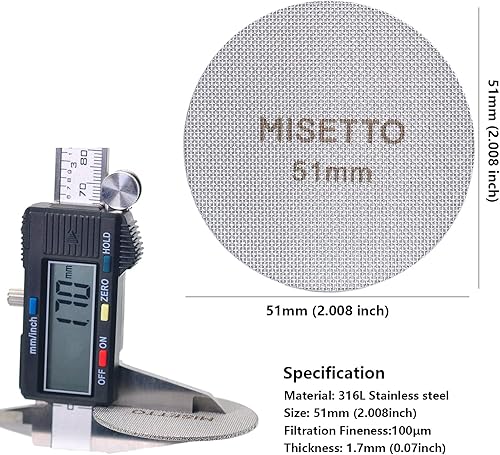 Miniatura 2 de Pantalla de disco de espresso de 2.008 in, 100 m de grosor y 0.067 in de grosor, acero inoxidable MISETTO SS, reutilizable, profesional,
