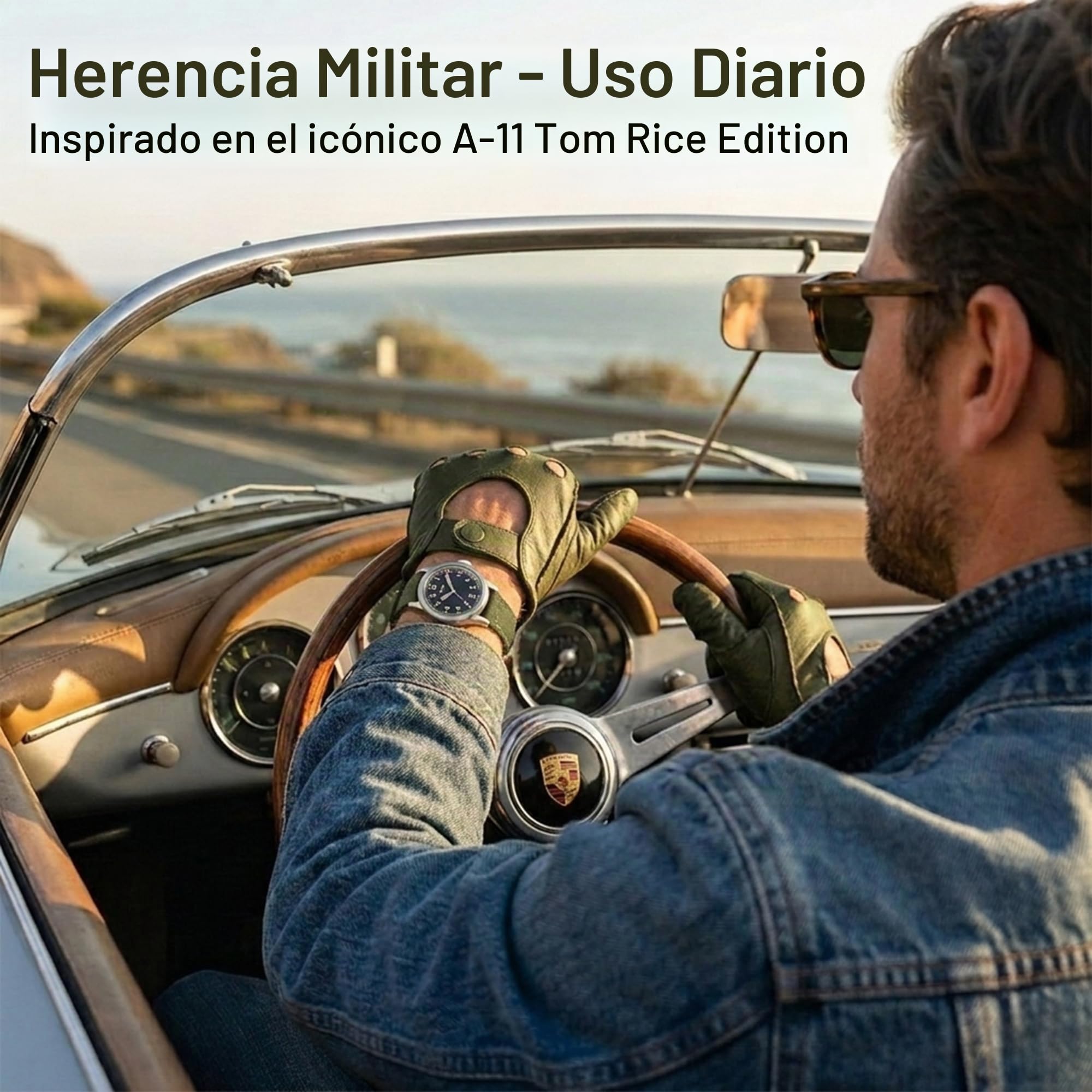 PRAESIDUS | Reloj de Servicio A-11 (Edición Tom Rice) - Relojes para Hombres - A11 Militar - Vidrio acrílico, caraguilla Negra de 38mm y Correa de Lona Verde - Montado en EE.UU., WW2