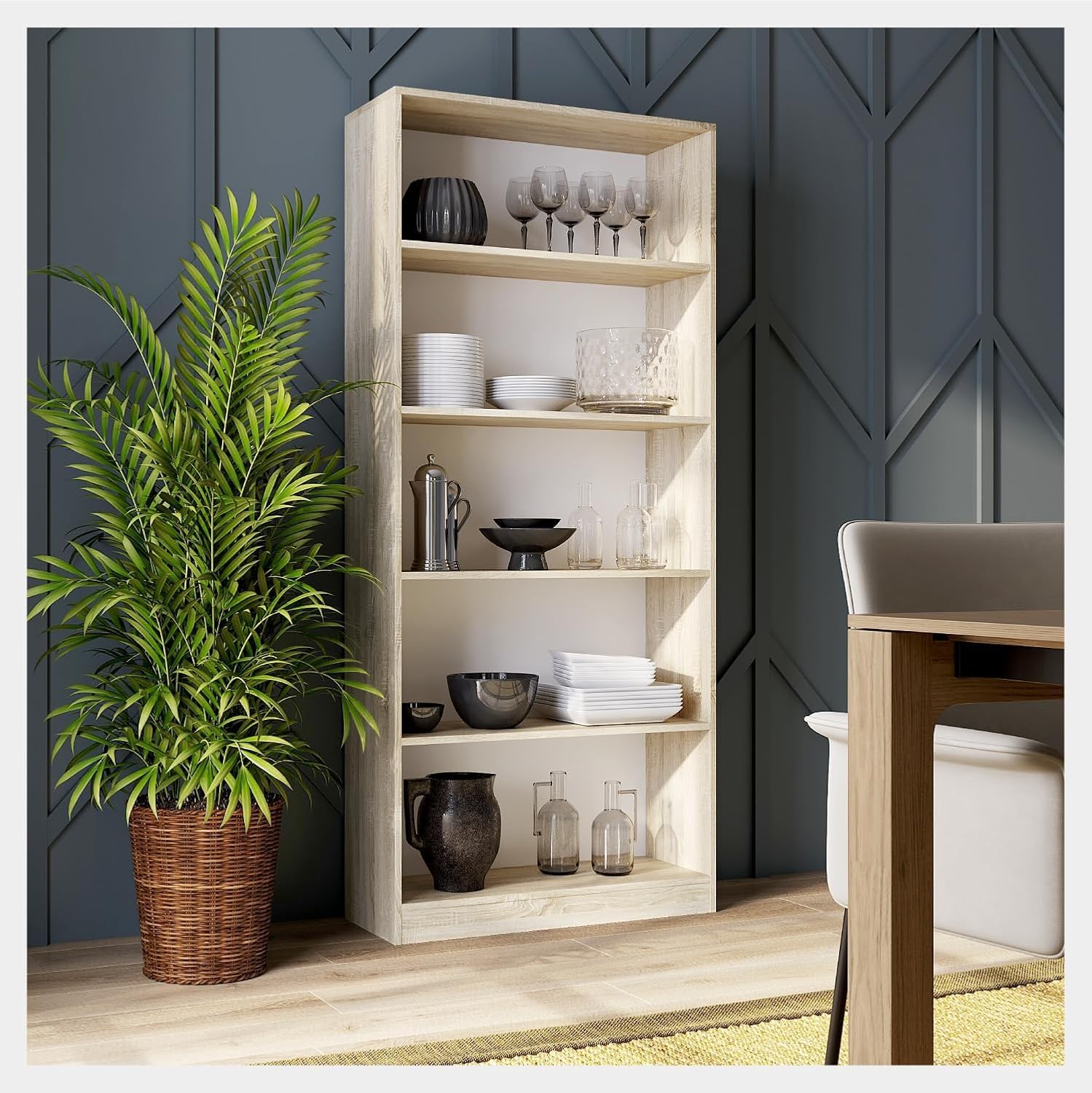 WHATSIZE ENTERPRISE 5 Tier Bookcase Sonoma, Tall Freestanding Book Shelf for Living Room, Study and Bedroom, Wooden Shelving Unit Book Case (80cm L x 30cm W x 182cm H)