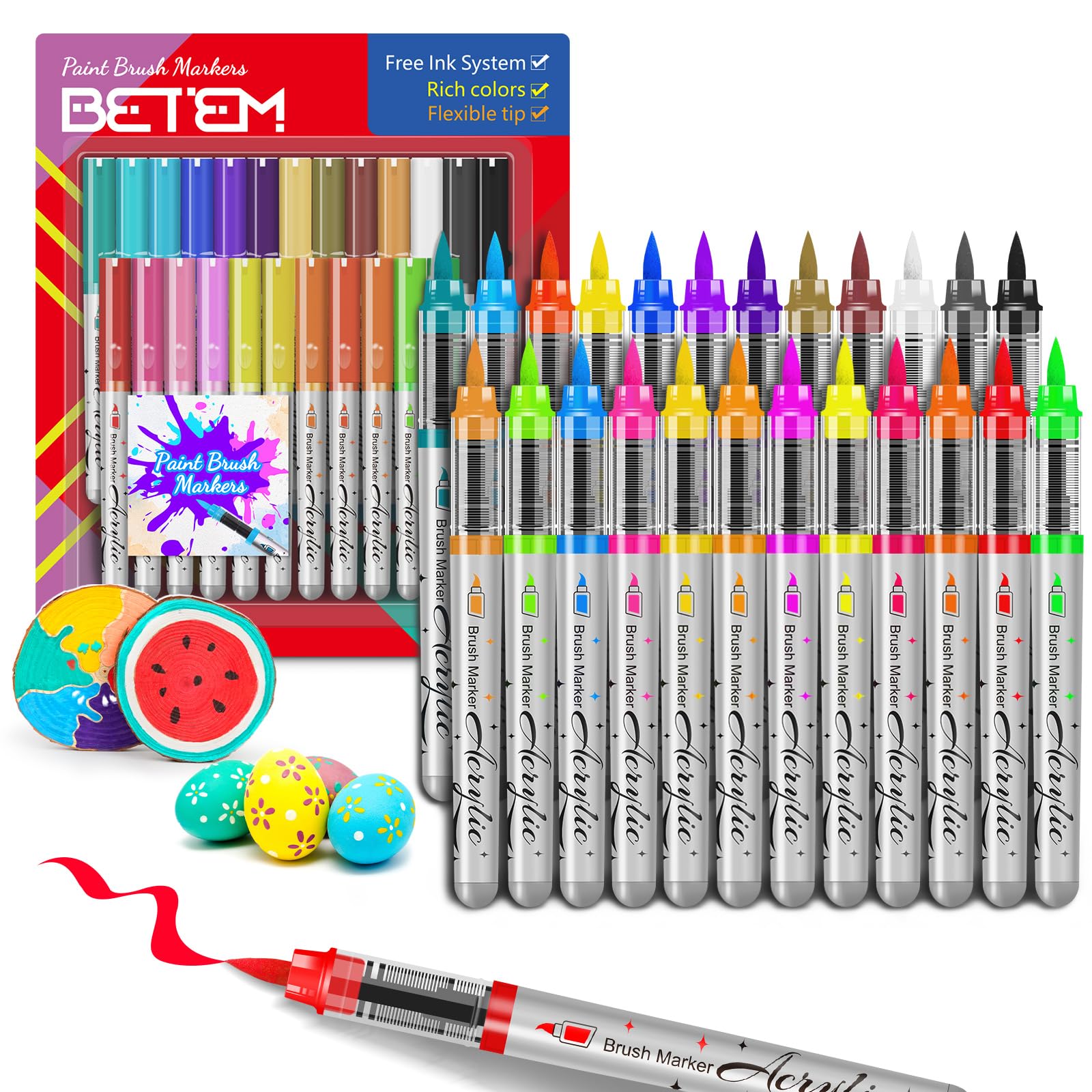 Paint Markers Acrylic Paint Pens, 24 Colors Brush Tip Water Based Markers with Direct Ink System, Permanent Marker Colored Pens, Art Supplies for Rock Painting, Wood, Fabric, DIY Crafts Gift