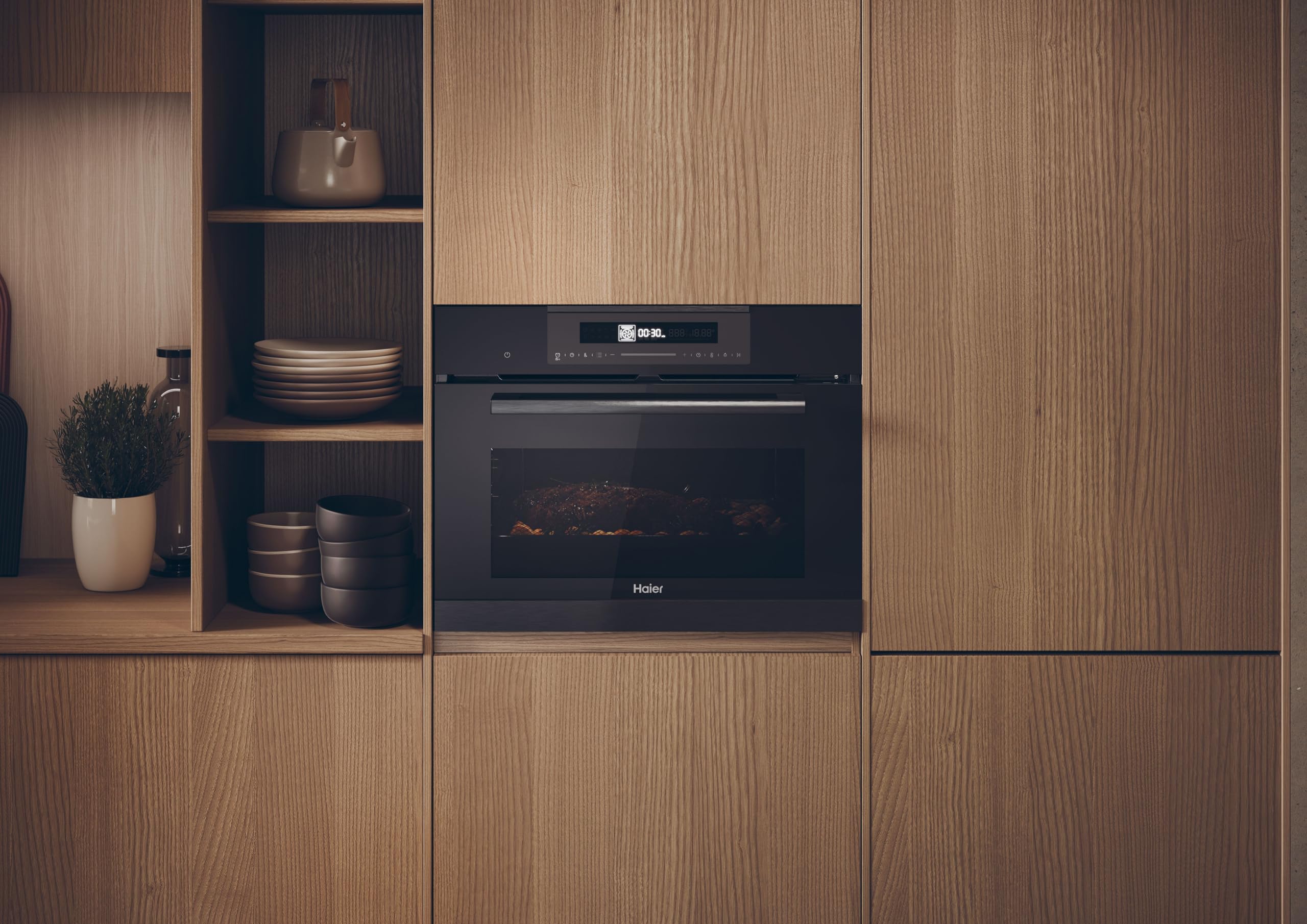 Haier Series 4 HWO45CO4P7B - Horno Multifunción, Pirolítico, Potencia 3000W, Capacidad 50L, 45cm Alto, 12 Funciones, Display táctil, Ventilación Radial, 4 Cristales en puerta, Negro