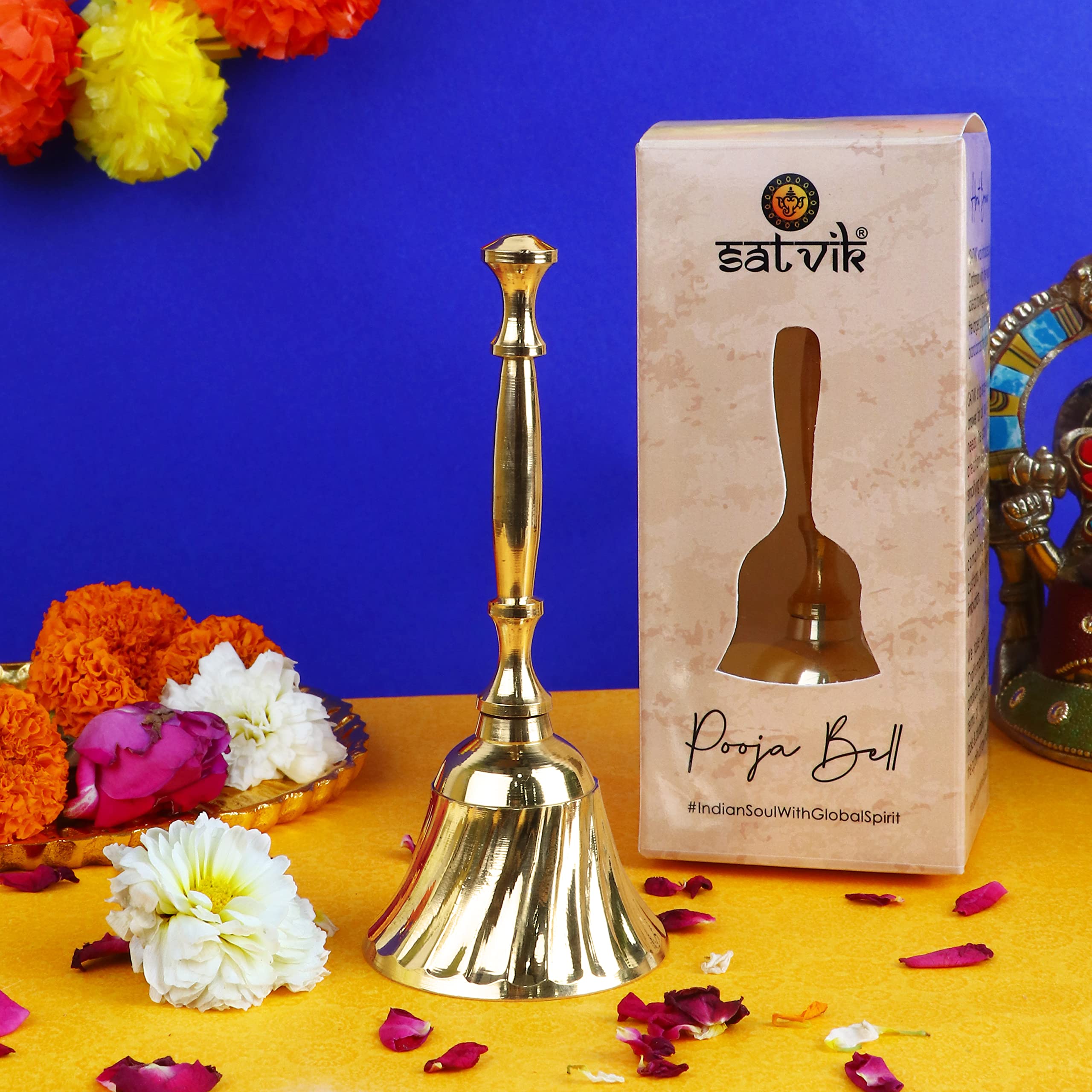 SATVIK 1PC Small - 4 Inch l Prepossessing Handheld Brass Bell For Puja l Traditional Bells for Mandir l Ideal for Daily Puja & Gifting l Add Divine Sound l Brass Ghanti for Pooja, Temple & Prayer Room