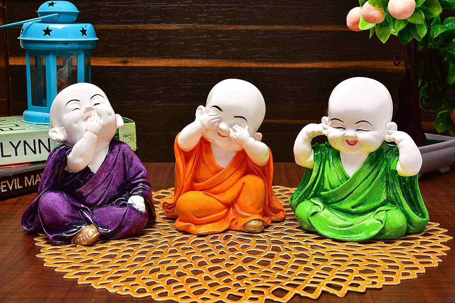 Jiyansh Creation Polyresin 3 Pieces Cute Small Monk Lord Buddha Showpiece, Miniature Buddha Figurines Showpiece for Decoration, Size - 7 x 7 x 15 Cm