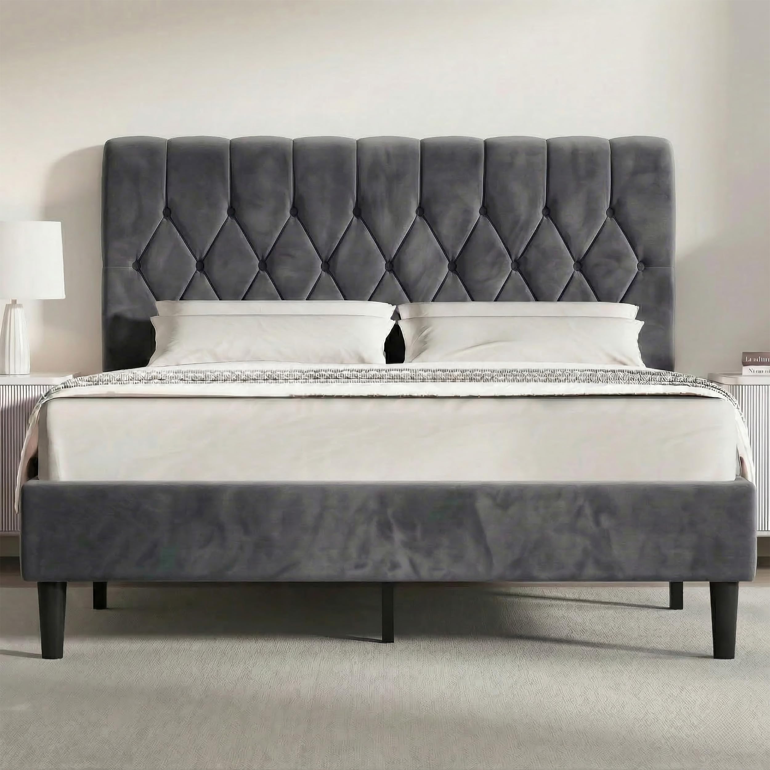 Blisswood 4ft6 Double Bed Frame Noise-Free Upholstered Platform Bed WithTufted Adjustable Headboard/Velvet Fabric Double Bed/Sturdy Wooden Slats Support & Under Bed Storage, 4ft6 Double Bed Dark Grey