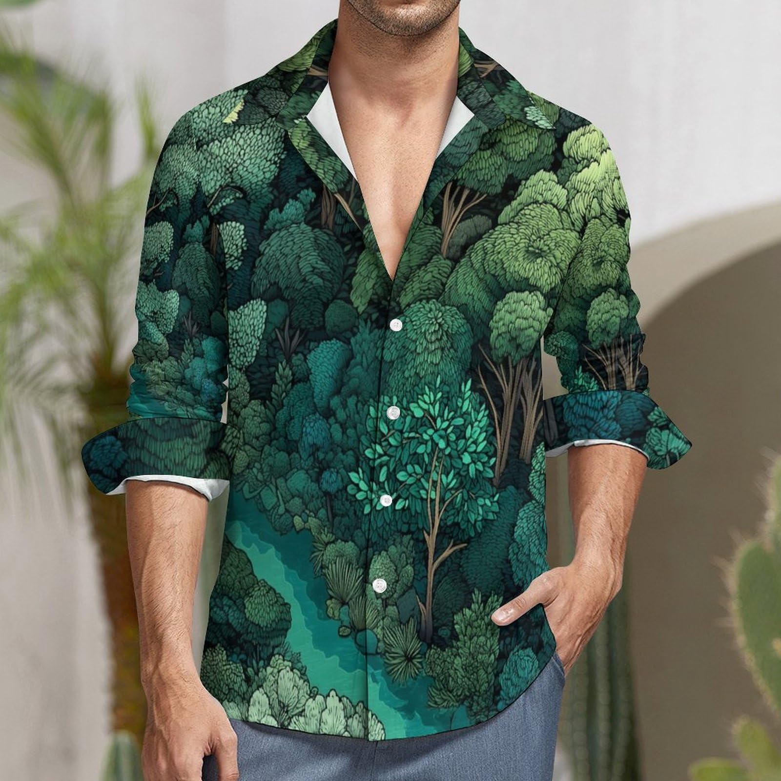 Camisa de Lino Verde Manga Larga para Hombre Camisas Informales de Verano Camisa Suelta de Ocio Árboles De Bosque Denso con Botónes Top con Bolsillo para Traje Diario