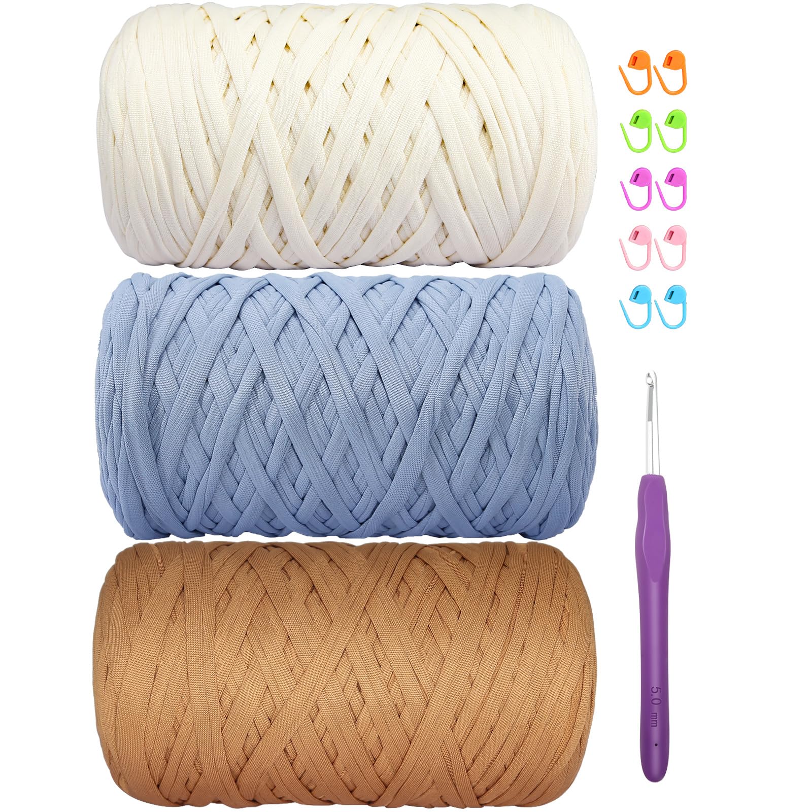 SIMEIQI 1200g T-Shirt Yarn (3x400g) for Crochet, Beige+Sky Blue+Brown