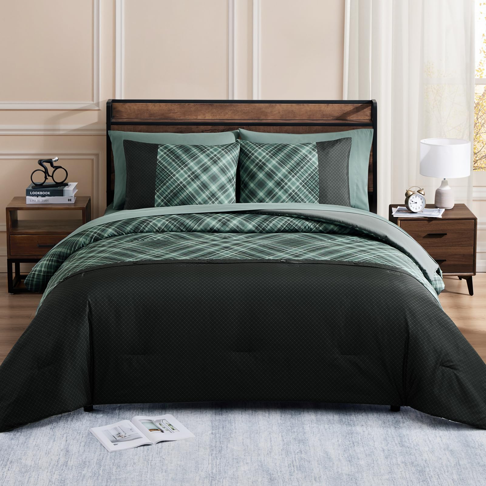 WRENSONGE Plaid Queen Comforter Set, 7 Pieces Black Green Printed and