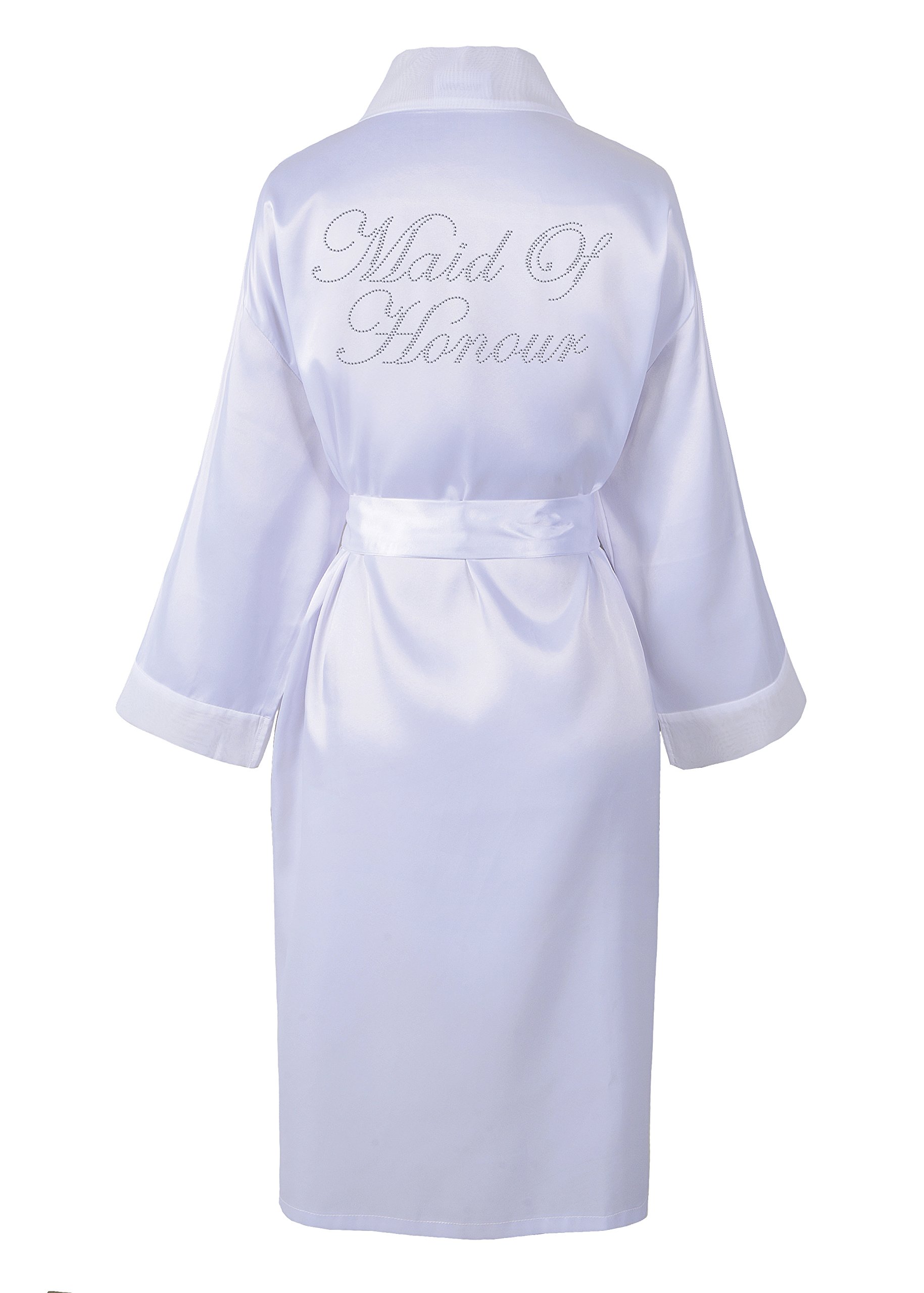 Varsany Women's White Maid Of Honour Luxury Satin Crystal Bridal Bathrobe - Handmade Wedding Kimono, Dressing Gown - Bridesmaid Party Robes