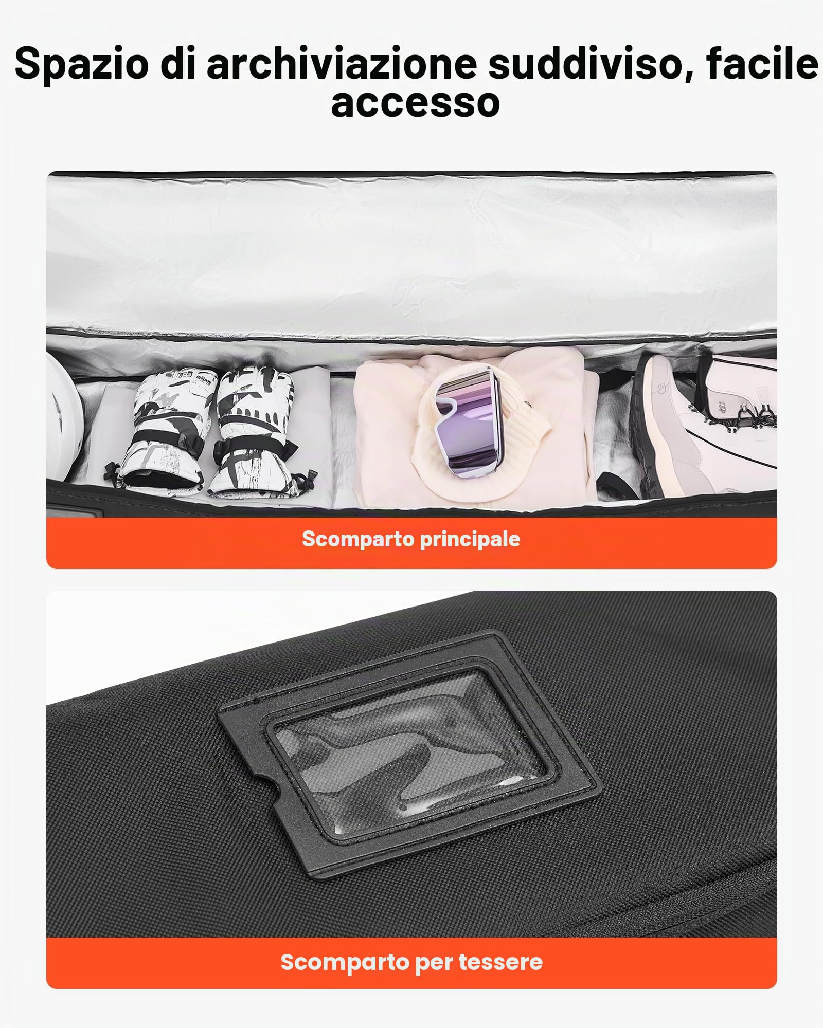 VEVOR Borsa da Snowboard, Fino a 165 cm, Borsa Imbottita per Sci e Snowboard, Tessuto Oxford Impermeabile 600D, con Cinghie Interne Regolabili, per Occhiali, Guanti, Casco e Scarponi Nero