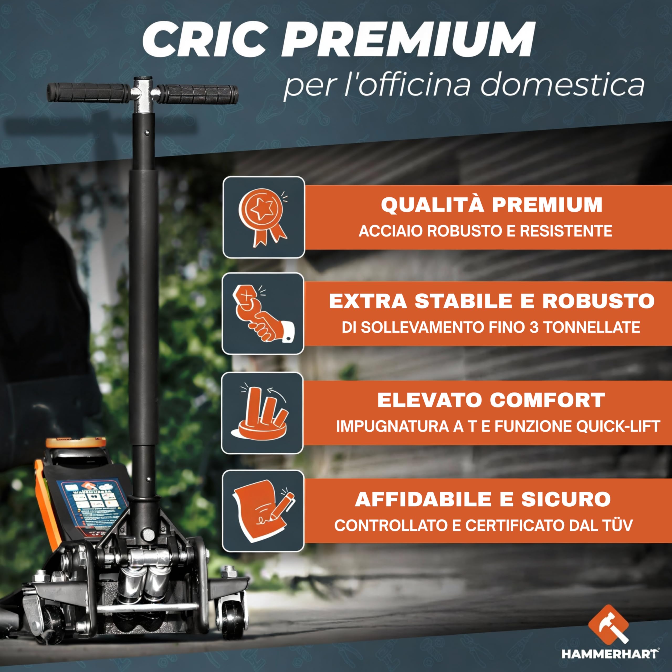 Cric per auto 3T | Sollevatore auto certificato TÜV con altezza di sollevamento di 75-505 mm | Cric idraulico premium con ruote a 360° e doppio pistone | Cric auto supporto in gomma e impugnatura a T
