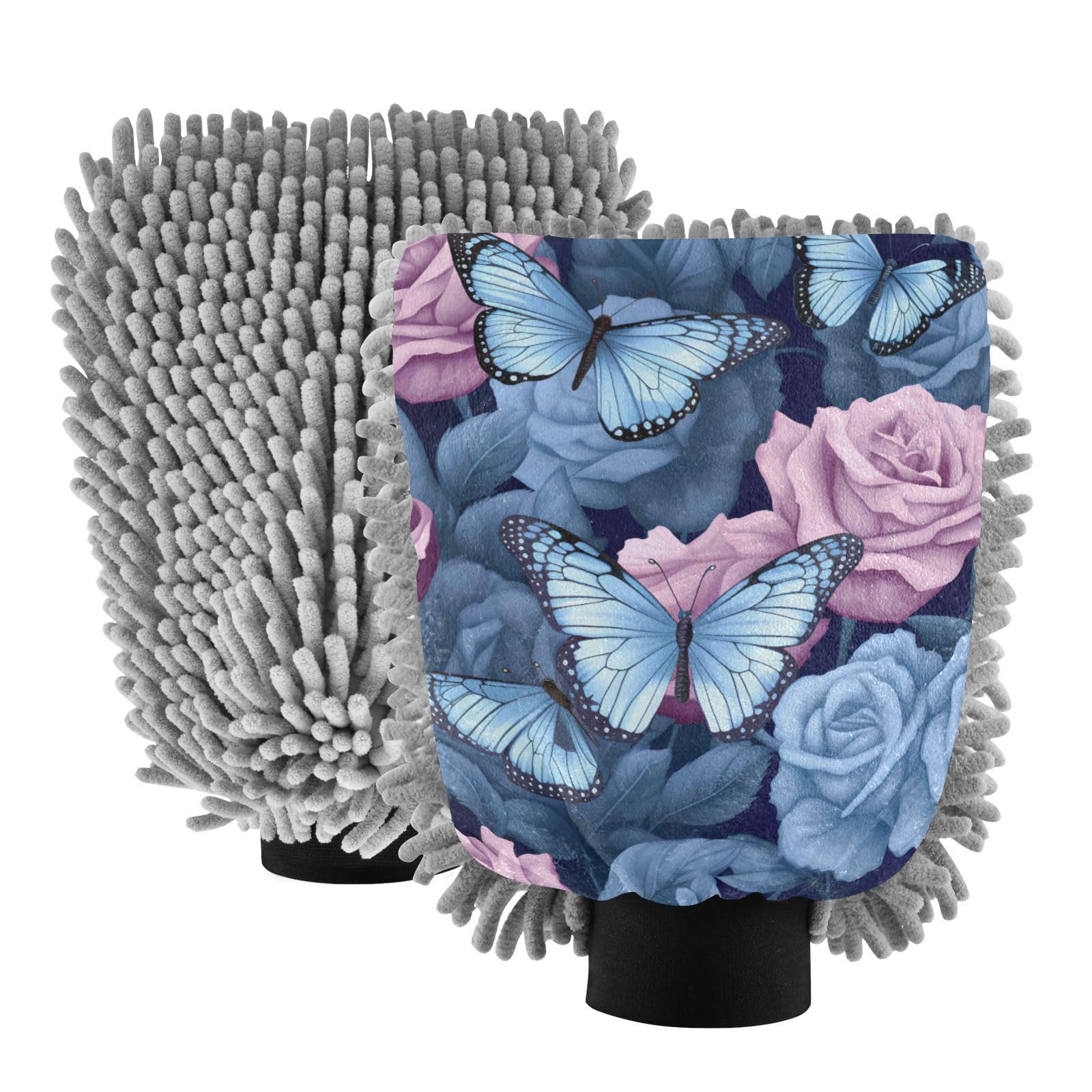 IOACIY Absorbent Microfiber Car Wash Drying Mitts, 2 Pack, Scratch-Free & Lint-Free, Rich Foam, Highly Absorbent, Double Sided, Wash Mitt Perfect for Car Washing, M, Butterfly Rose Flower