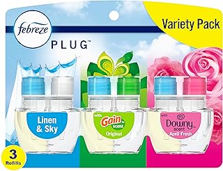 Febreze Odor-Fighting Fade Defy PLUG Air Freshener, Downy April Fresh, Gain Original, Linen & Sky, (3) 26 mL Oil Refills