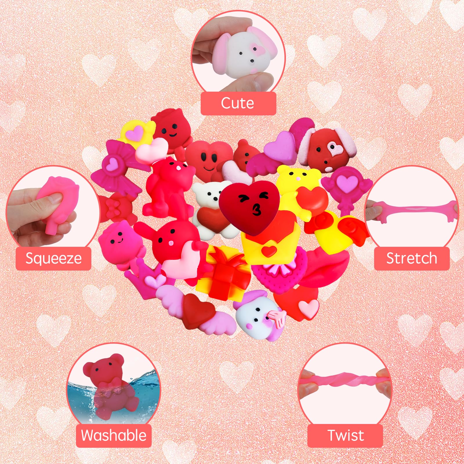 Amyang 24Pcs Valentines Day Mochi Squishy Toys Squishies for Kids School Class Classroom Valentines Day Cards Gifts Prizes Party Favors - Image 3