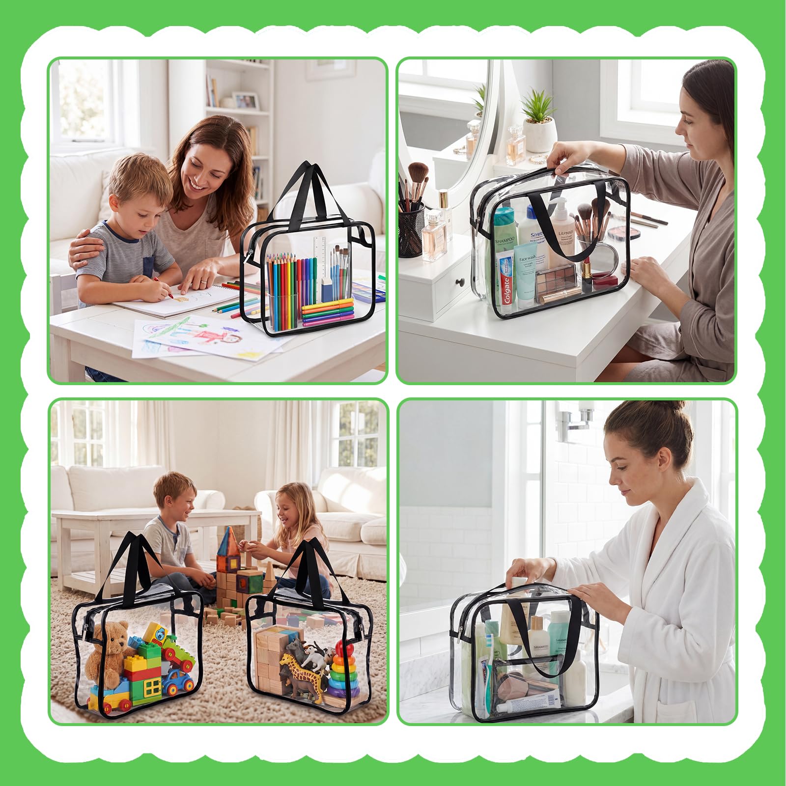 Dntorx Sacchetti per giocattoli, organizzazione e conservazione, confezione da 4 organizer in PVC trasparente, grandi borse impermeabili con cerniera con manici per libri per bambini, puzzle, blocchi